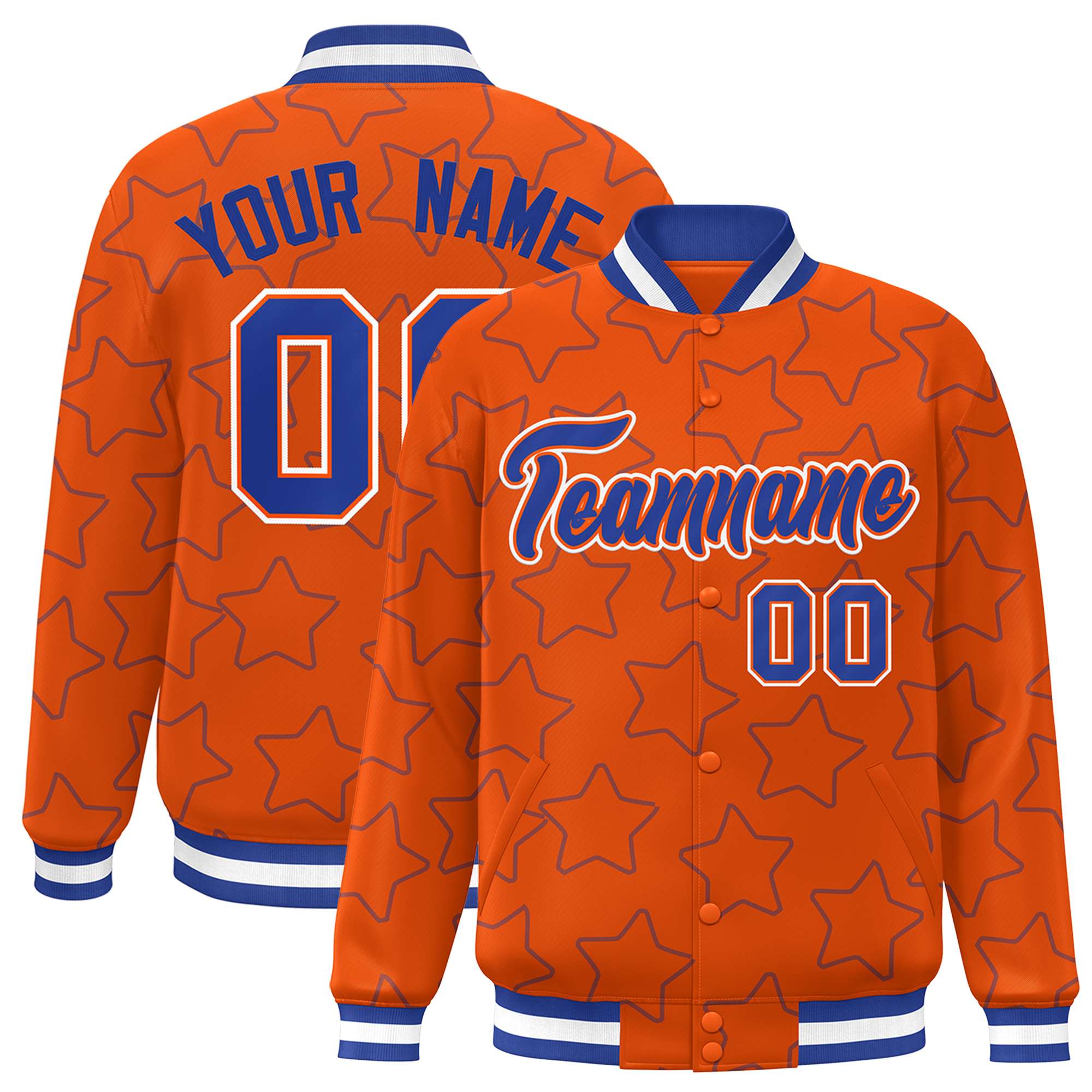 Custom Orange Royal Varsity Full-Snap Star Pattern Letterman Baseball Jacket