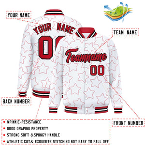 Custom White Red Varsity Full-Snap Star Pattern Letterman Baseball Jacket