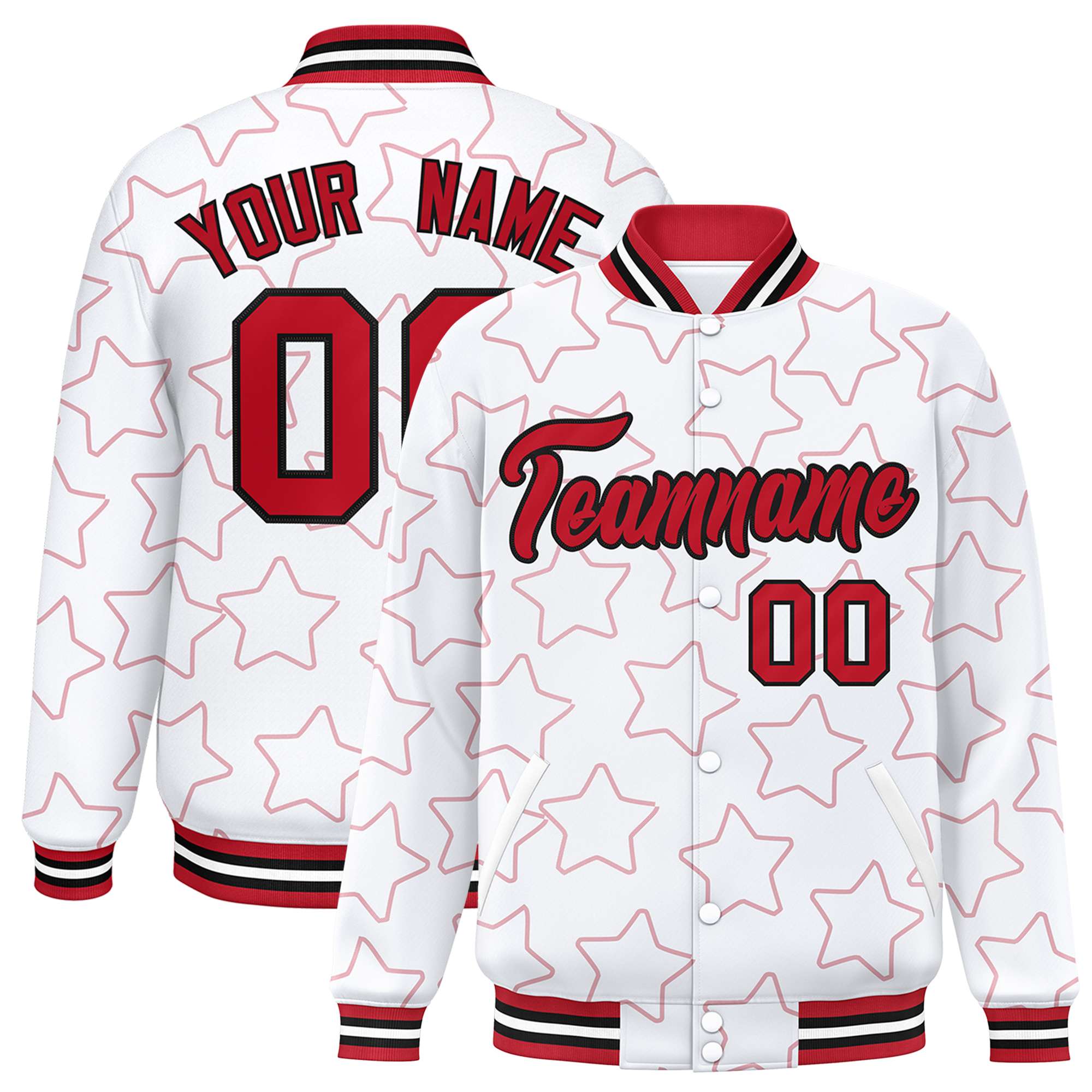 Custom White Red Varsity Full-Snap Star Pattern Letterman Baseball Jacket