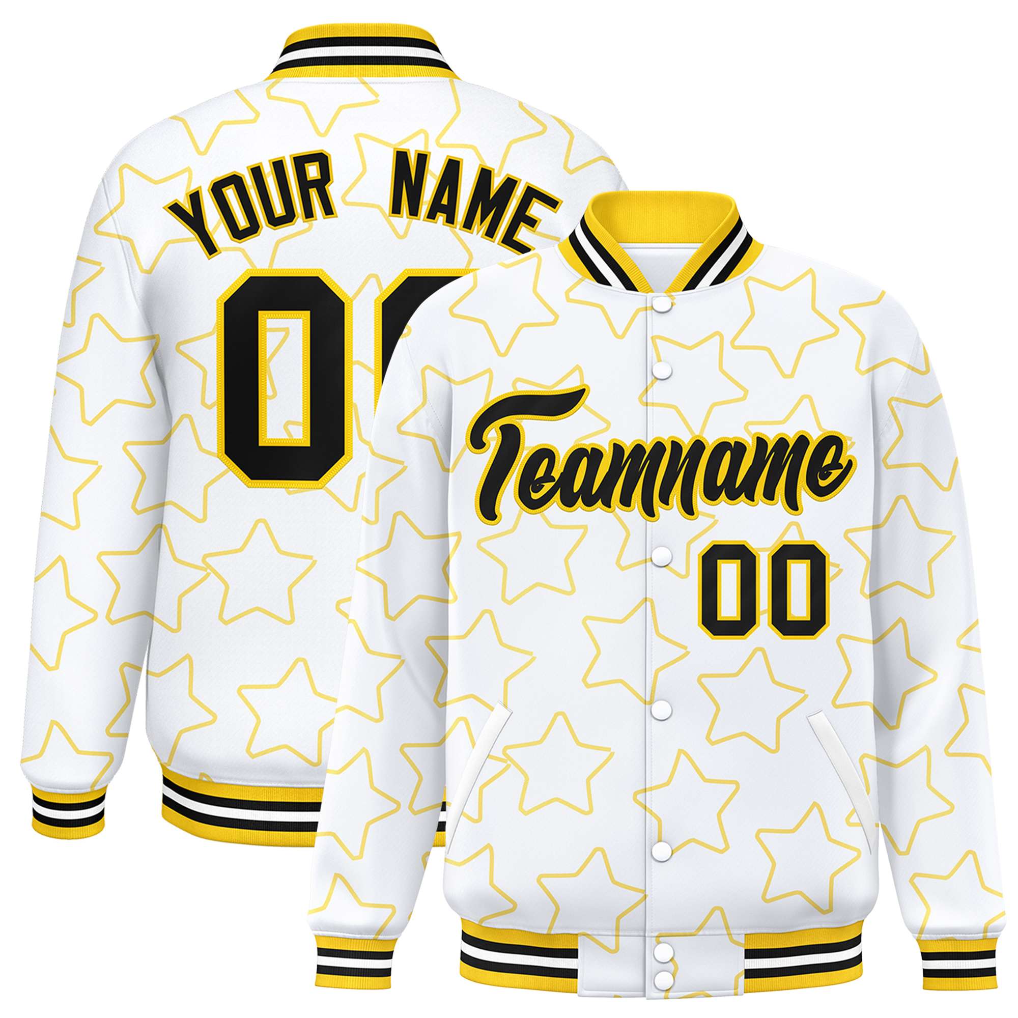 Custom White Gold Varsity Full-Snap Star Pattern Letterman Baseball Jacket