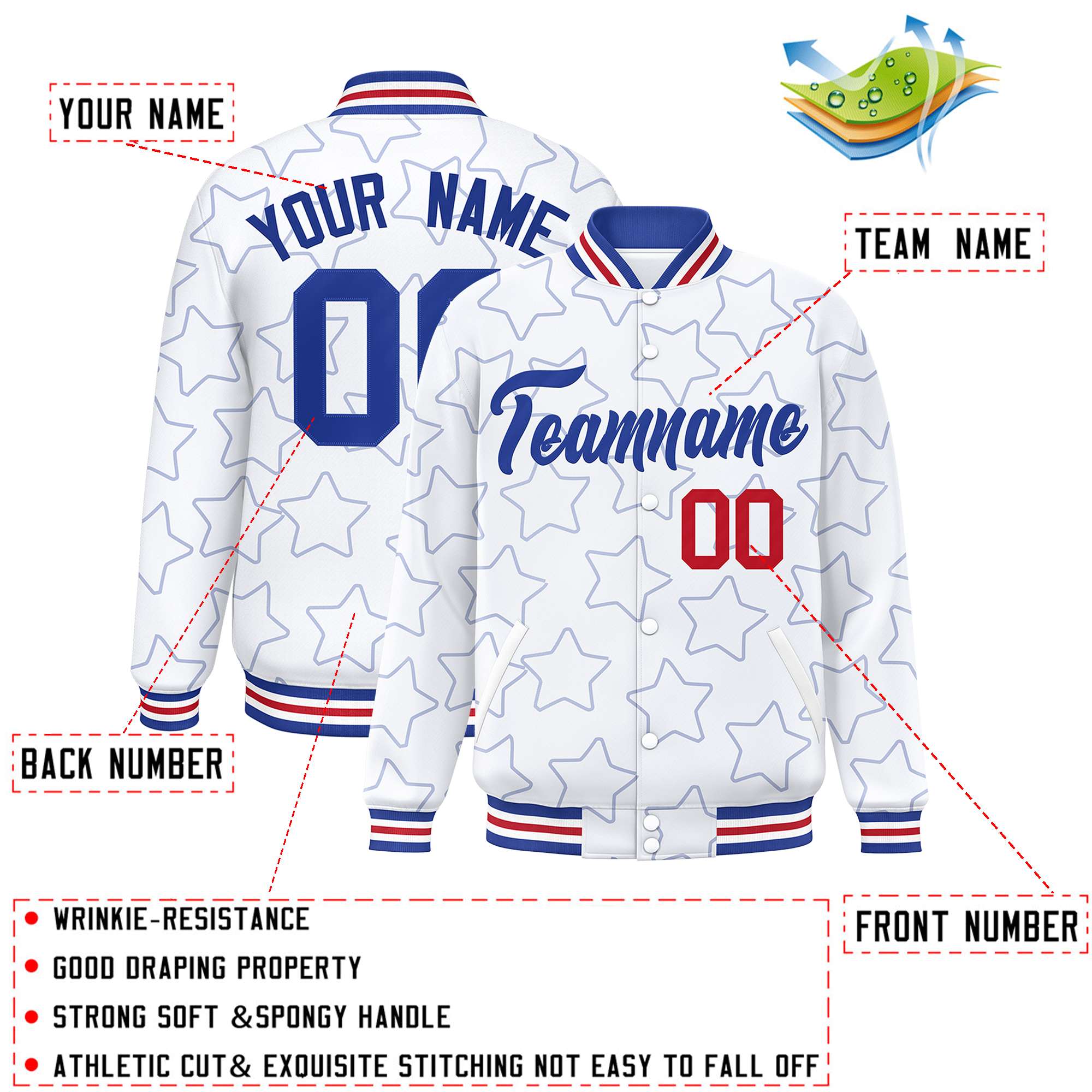 Custom White Royal Varsity Full-Snap Star Pattern Letterman Baseball Jacket