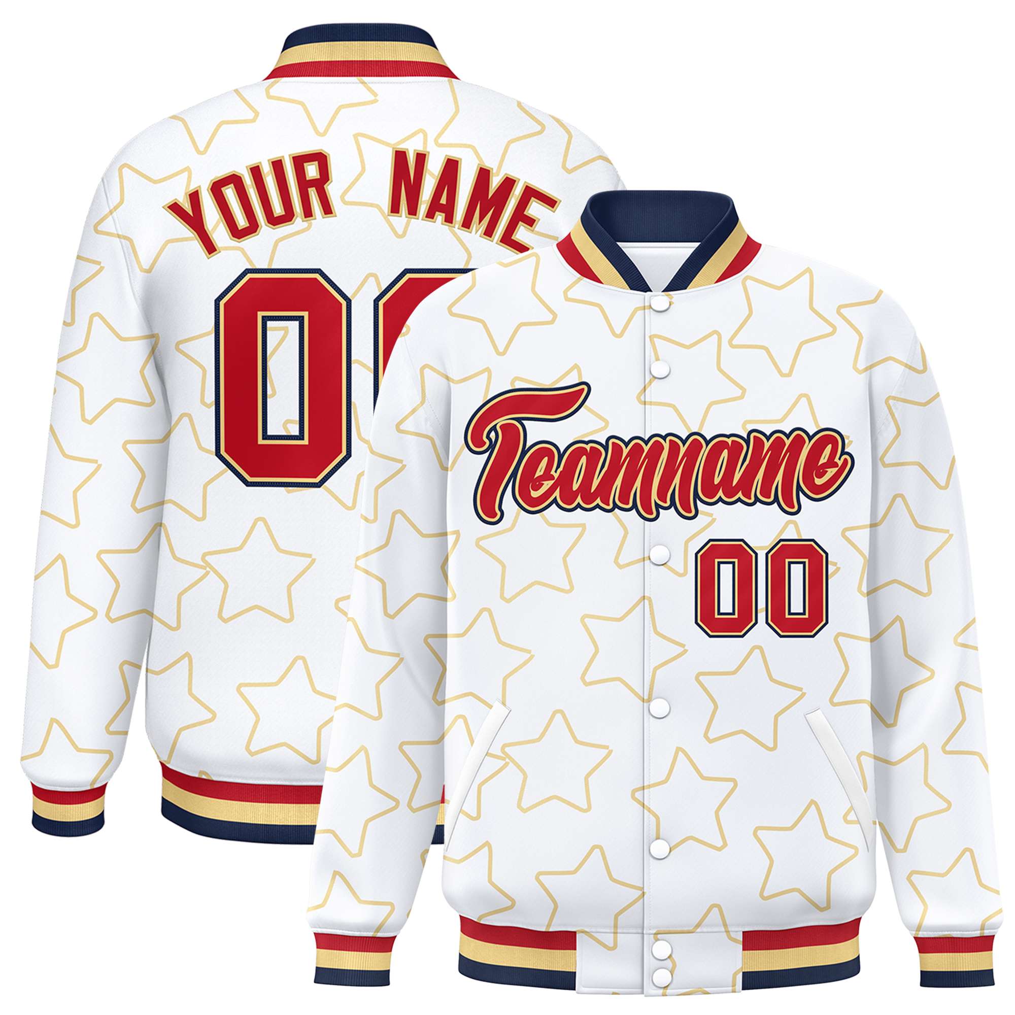 Custom White Khaki Varsity Full-Snap Star Pattern Letterman Baseball Jacket