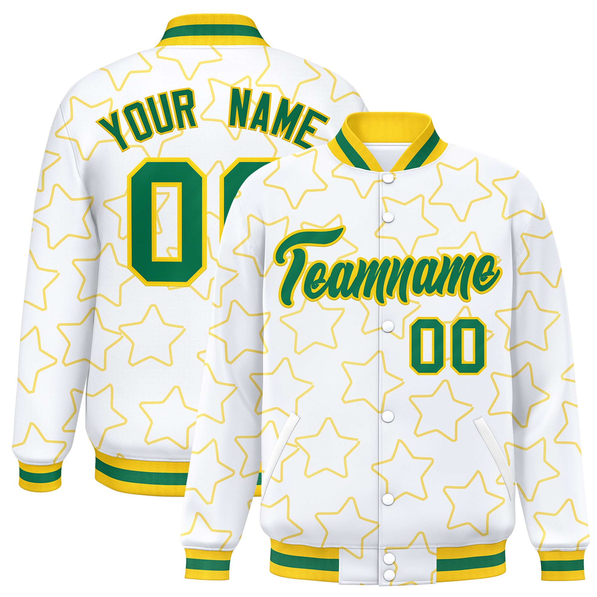 Custom White Gold Varsity Full-Snap Star Pattern Letterman Baseball Jacket