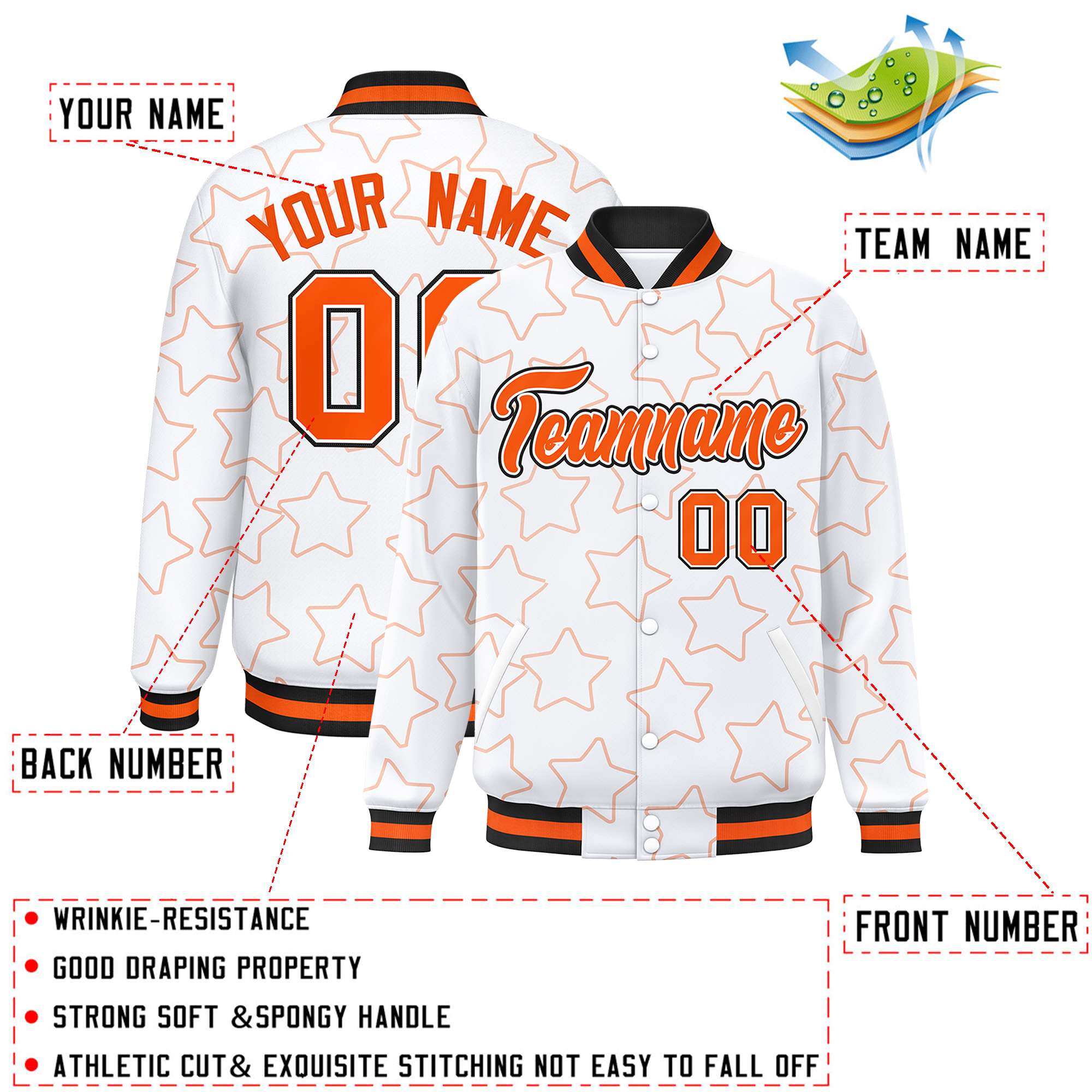 Custom White Orange Varsity Full-Snap Star Pattern Letterman Baseball Jacket