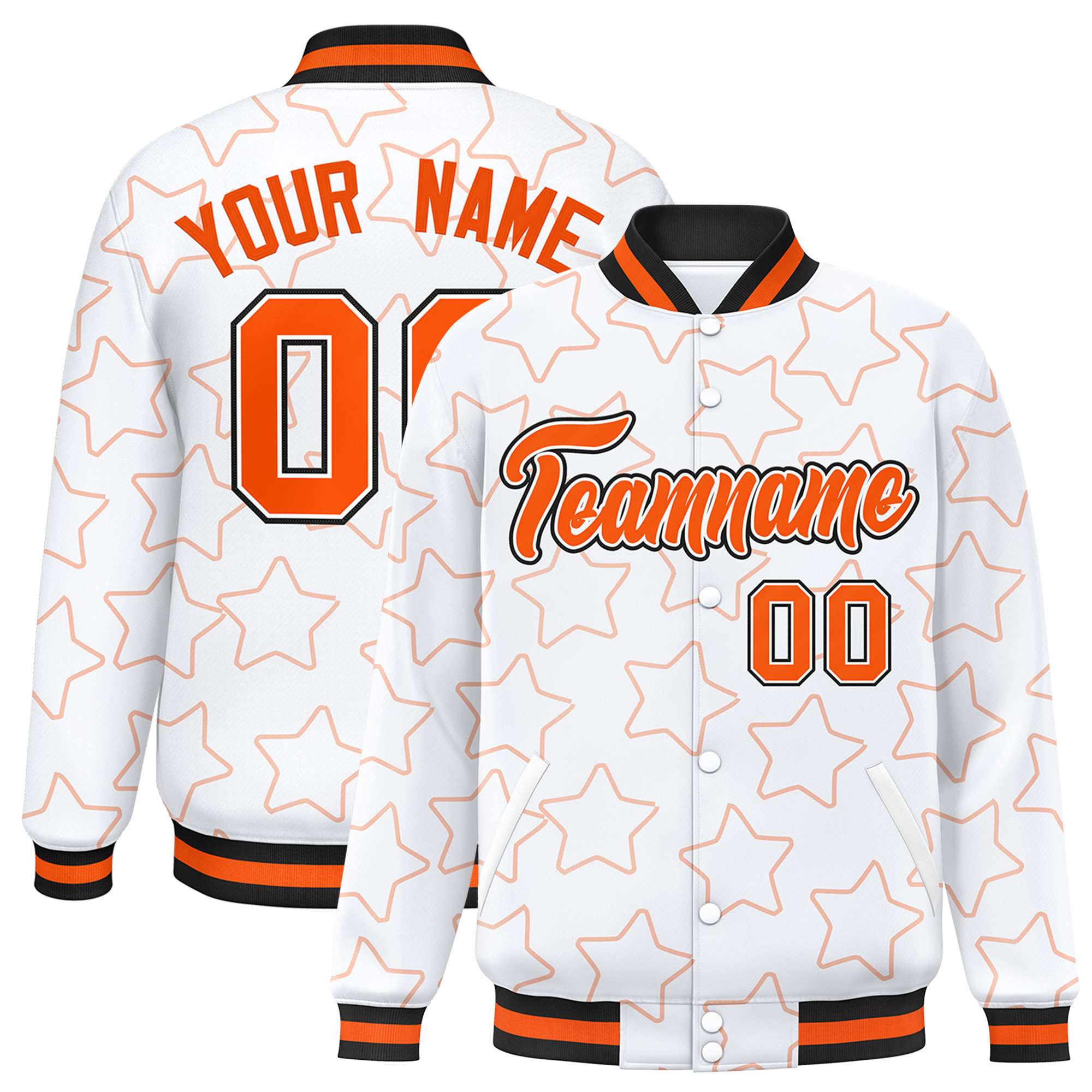 Custom White Orange Varsity Full-Snap Star Pattern Letterman Baseball Jacket