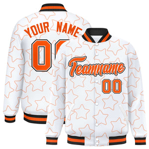 Custom White Orange Varsity Full-Snap Star Pattern Letterman Baseball Jacket