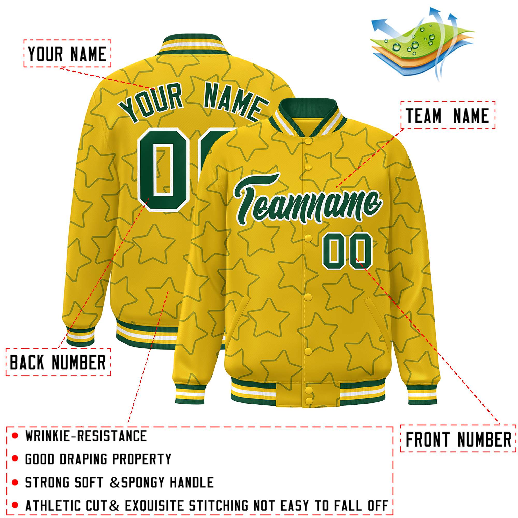 Custom Gold Green Varsity Full-Snap Star Pattern Letterman Baseball Jacket