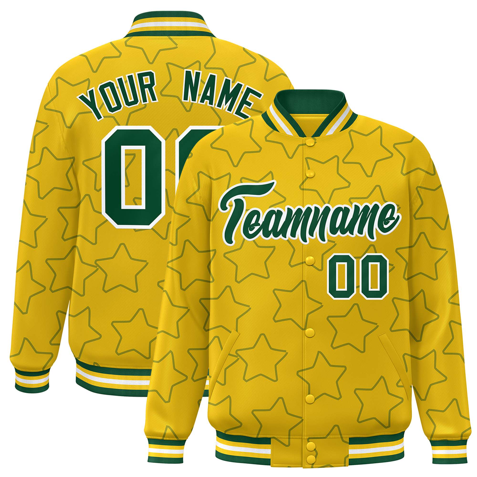 Custom Gold Green Varsity Full-Snap Star Pattern Letterman Baseball Jacket