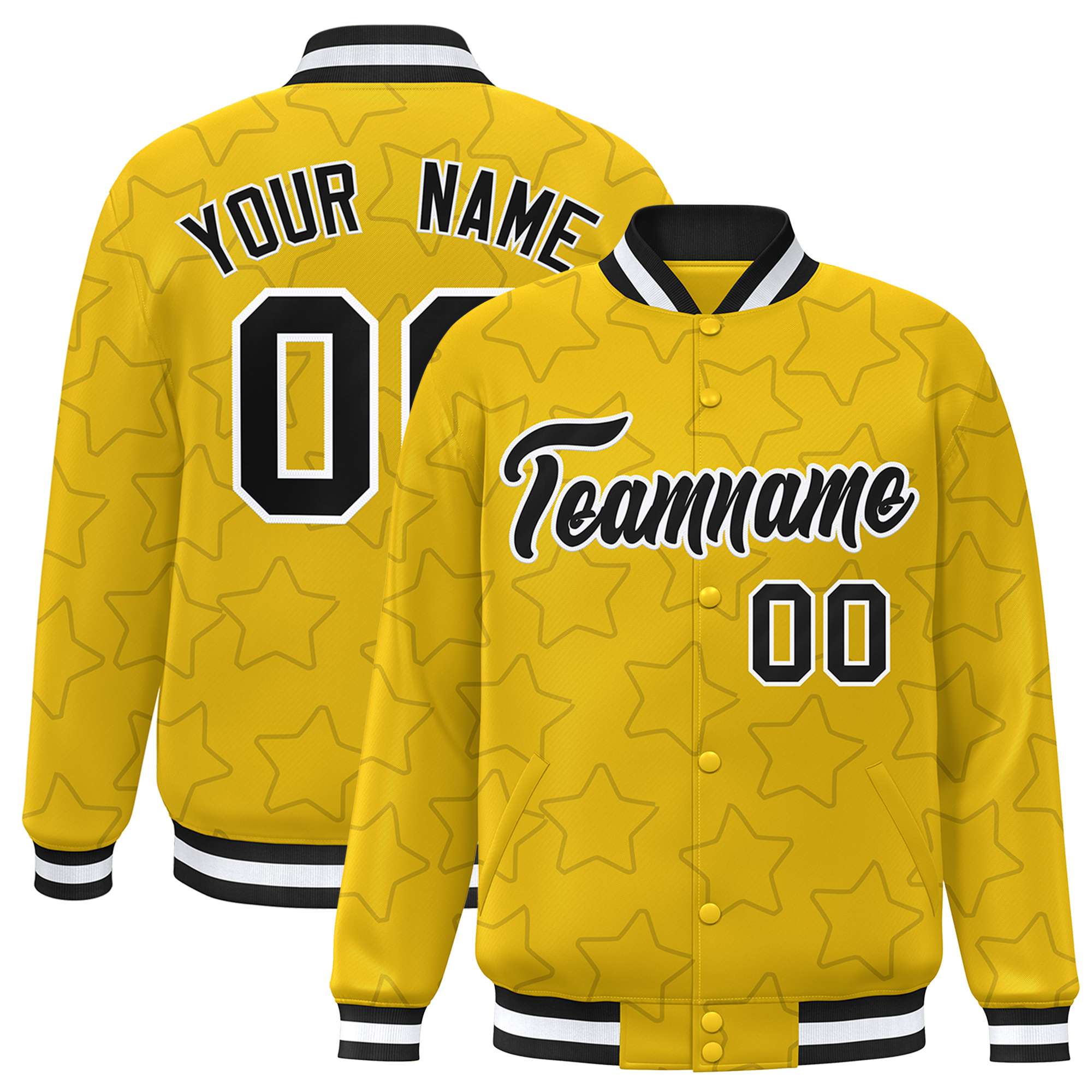 Custom Gold Black Varsity Full-Snap Star Pattern Letterman Baseball Jacket