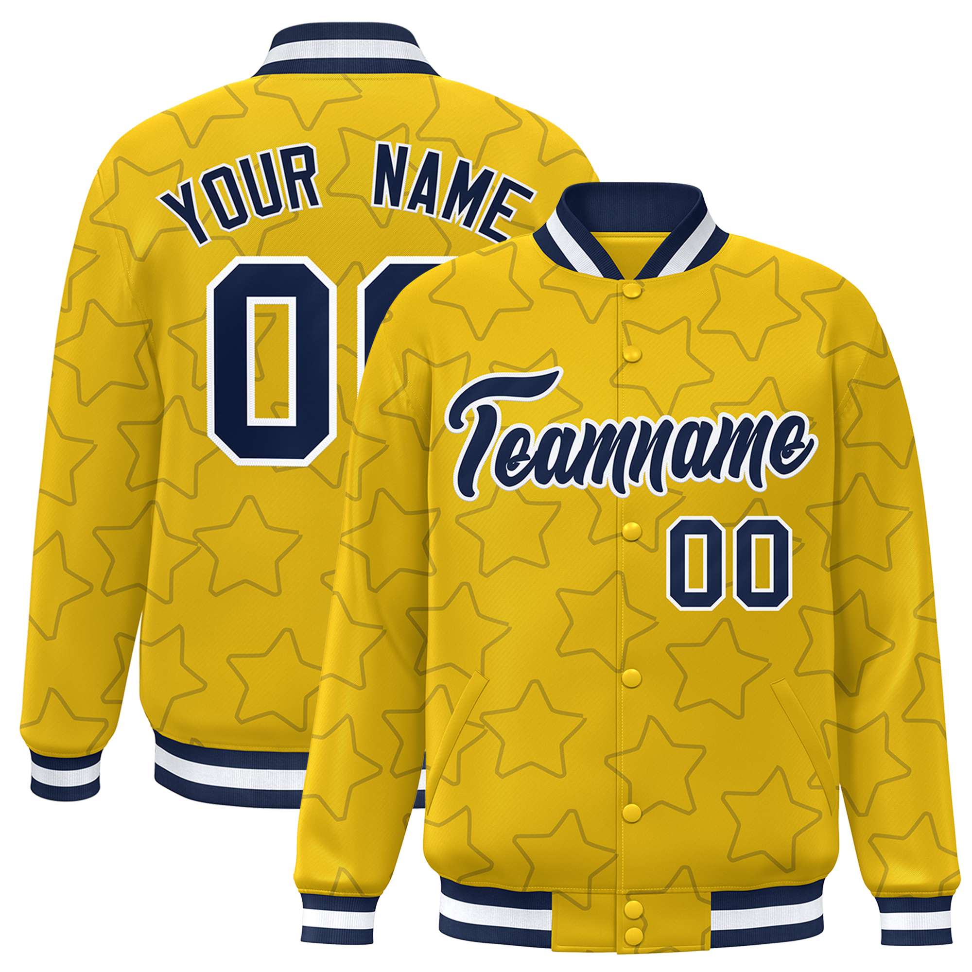 Custom Gold Navy Varsity Full-Snap Star Pattern Letterman Baseball Jacket