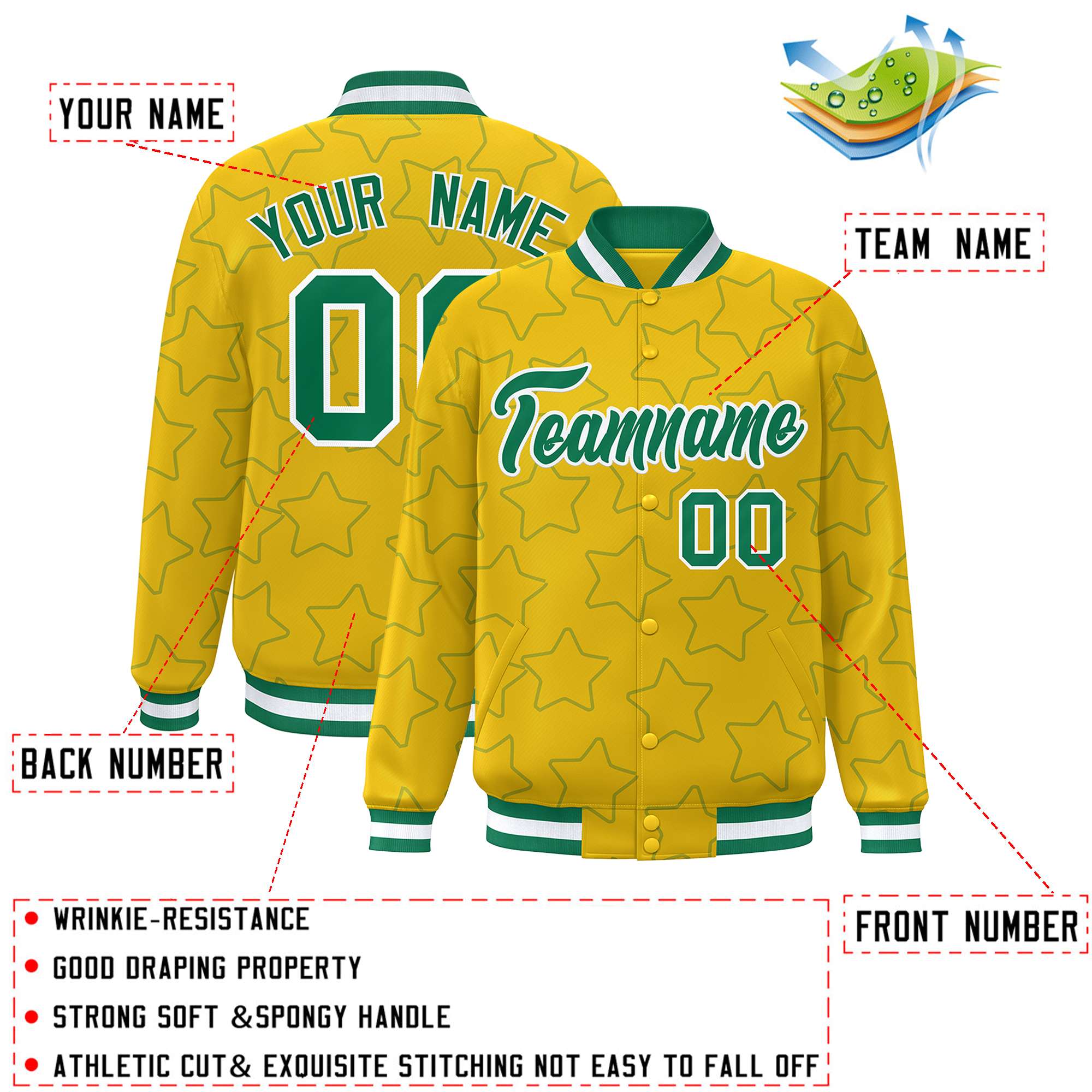 Custom Gold Kelly Green Varsity Full-Snap Star Pattern Letterman Baseball Jacket