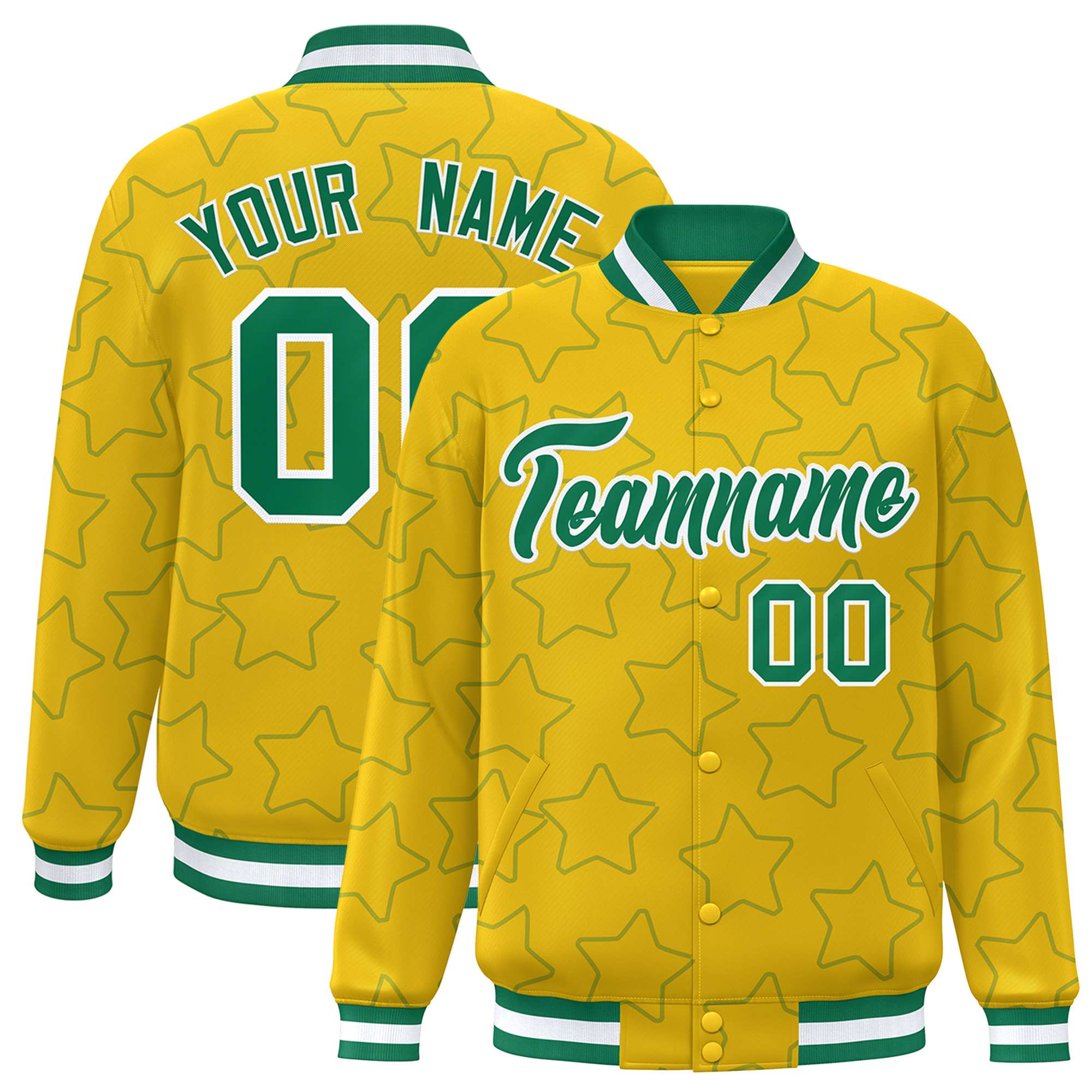 Custom Gold Kelly Green Varsity Full-Snap Star Pattern Letterman Baseball Jacket