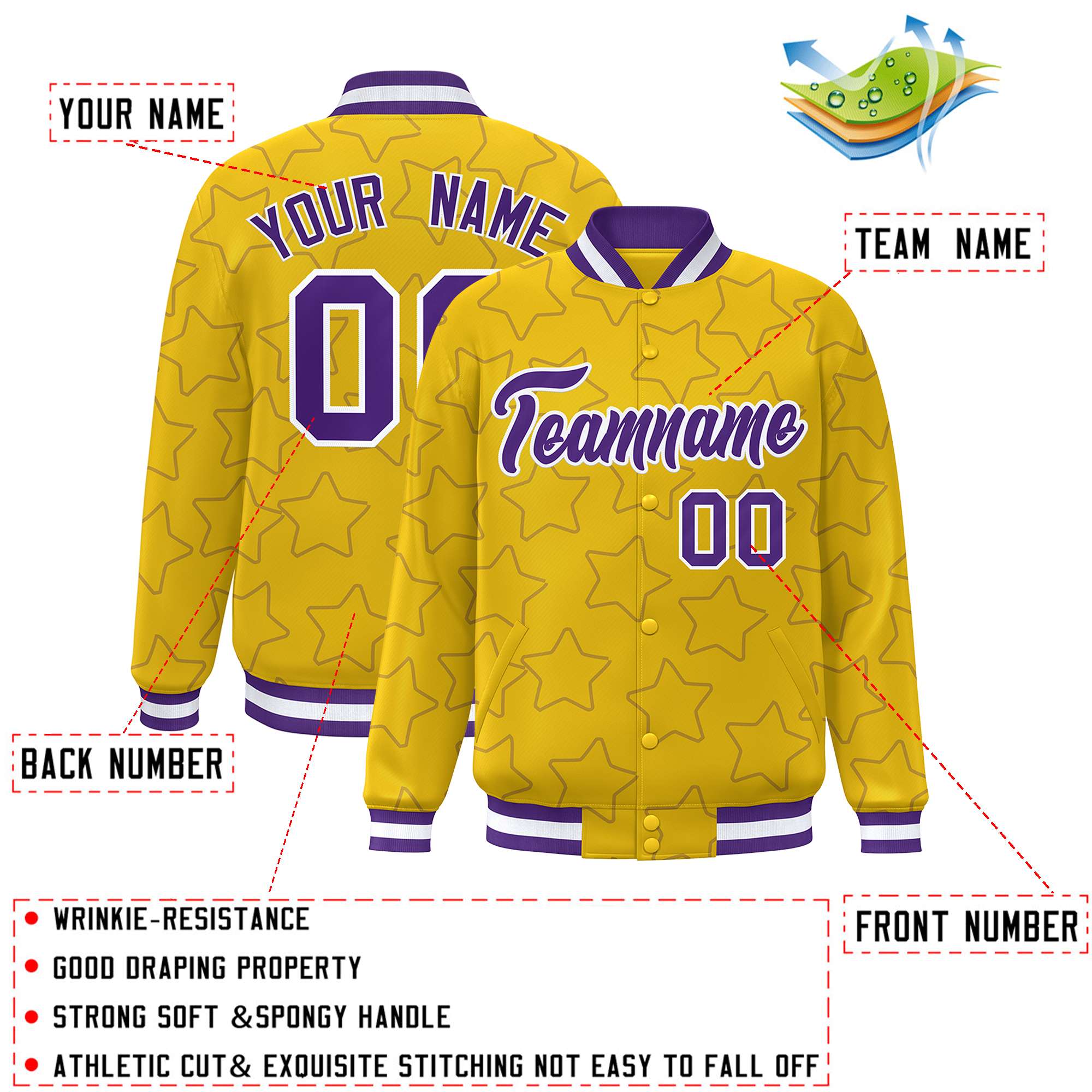 Custom Gold Purple Varsity Full-Snap Star Pattern Letterman Baseball Jacket