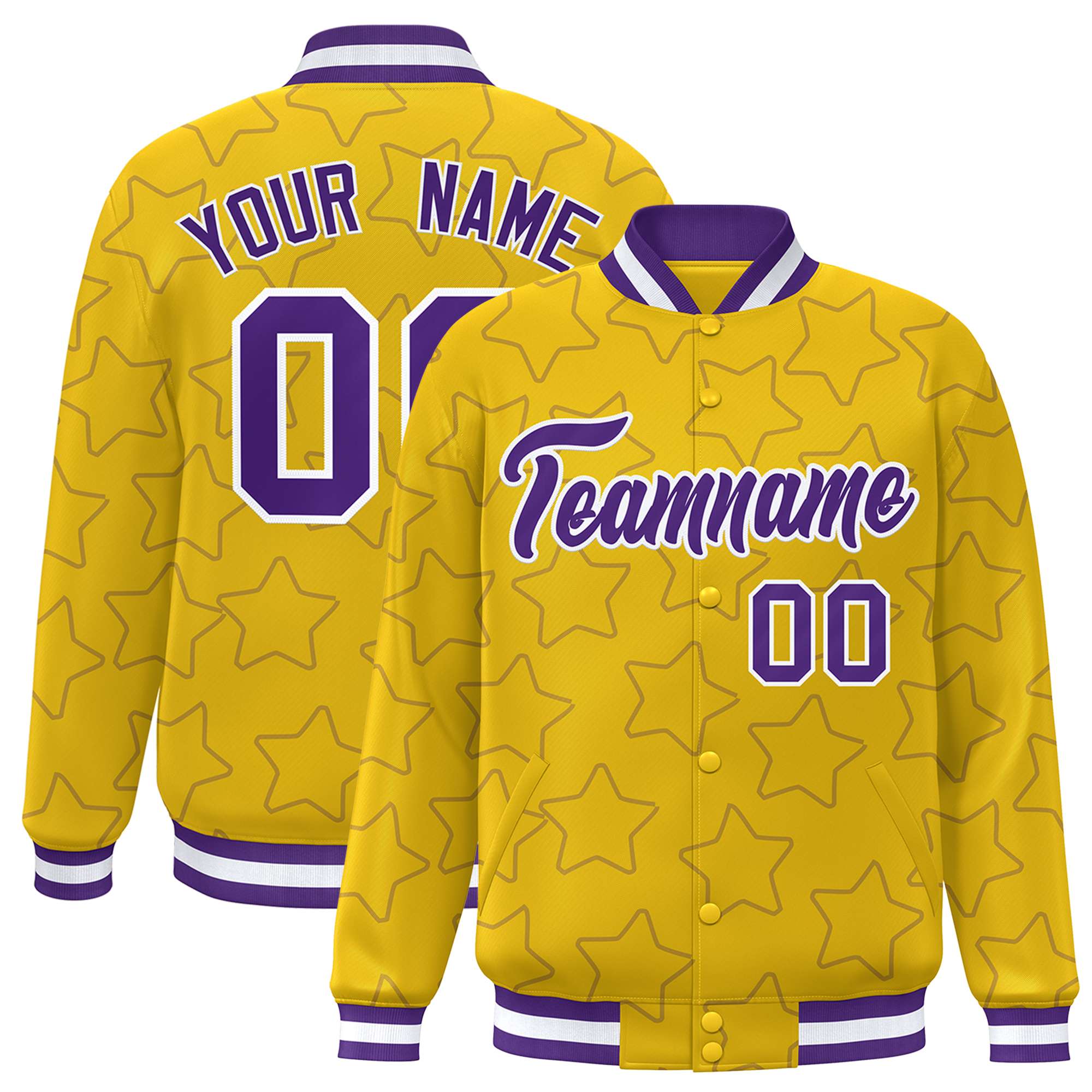 Custom Gold Purple Varsity Full-Snap Star Pattern Letterman Baseball Jacket