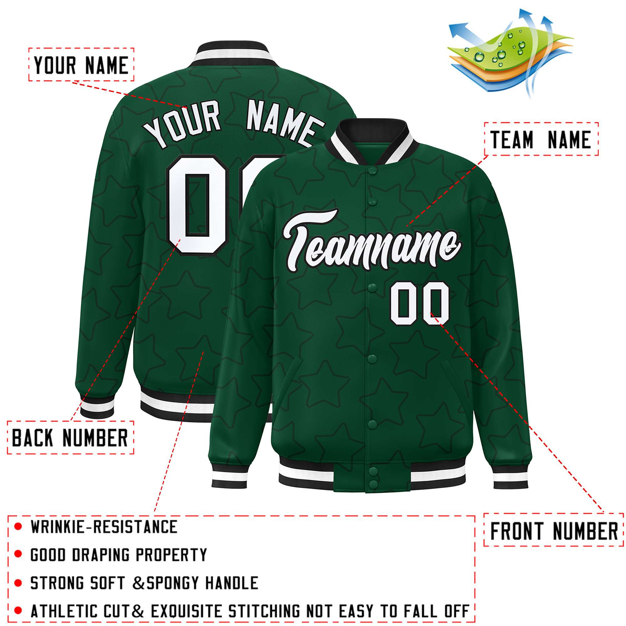 Custom Green Black Varsity Full-Snap Star Pattern Letterman Baseball Jacket