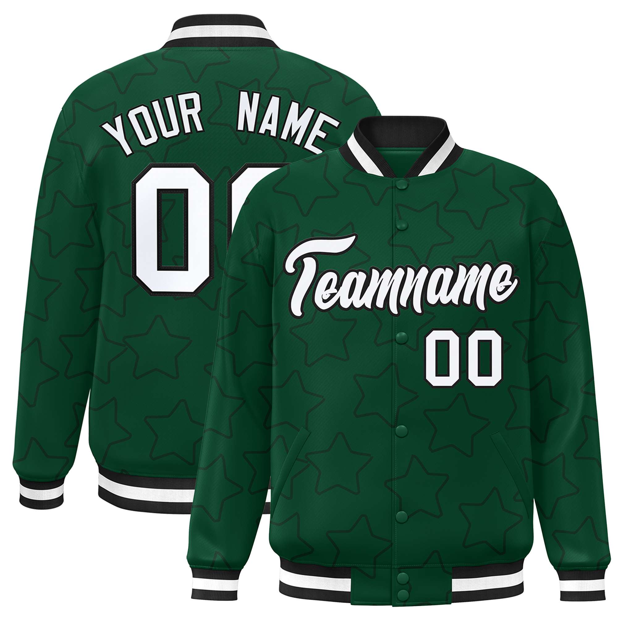 Custom Green Black Varsity Full-Snap Star Pattern Letterman Baseball Jacket