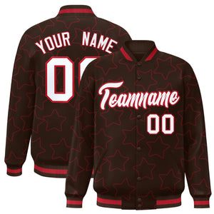 Custom Brown Red Varsity Full-Snap Star Pattern Letterman Baseball Jacket