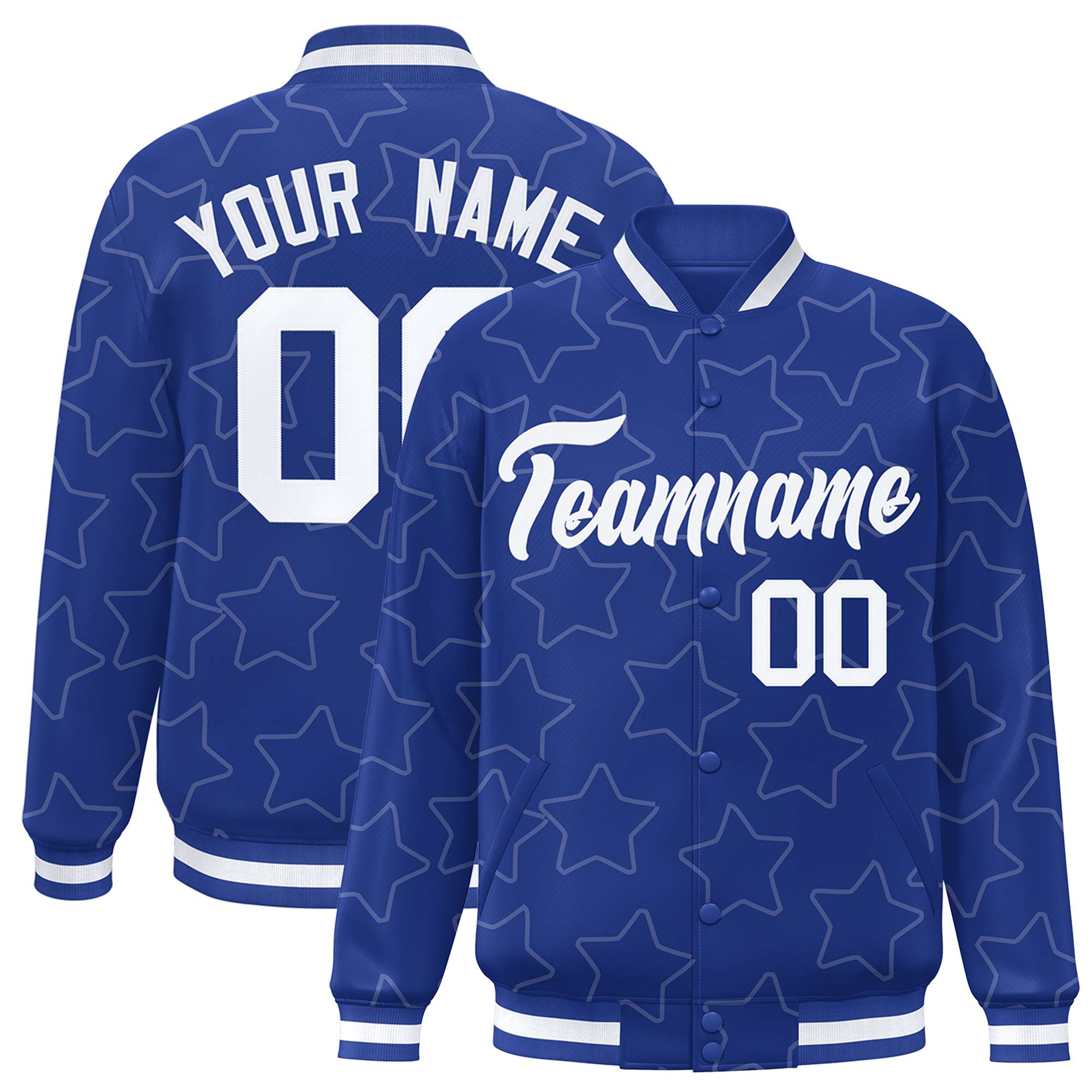 Custom Royal White Varsity Full-Snap Star Pattern Letterman Baseball Jacket