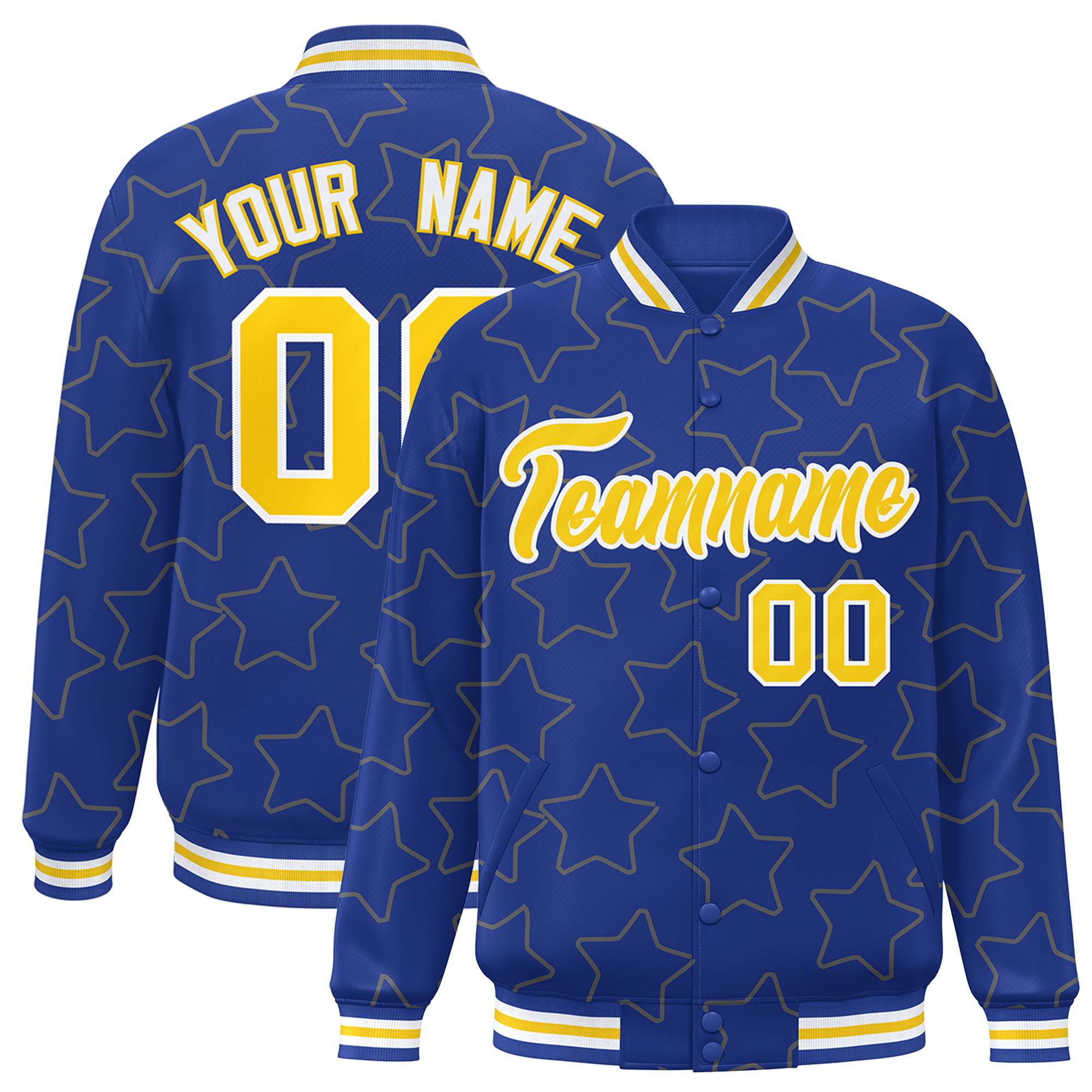 Custom Royal Gold Varsity Full-Snap Star Pattern Letterman Baseball Jacket