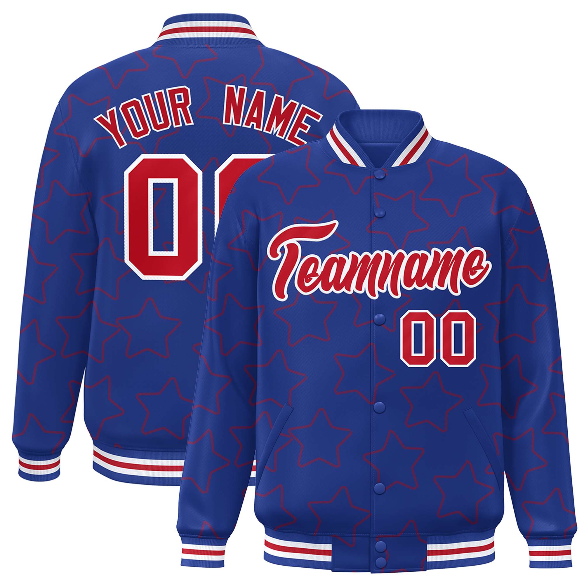 Custom Royal Red Varsity Full-Snap Star Pattern Letterman Baseball Jacket