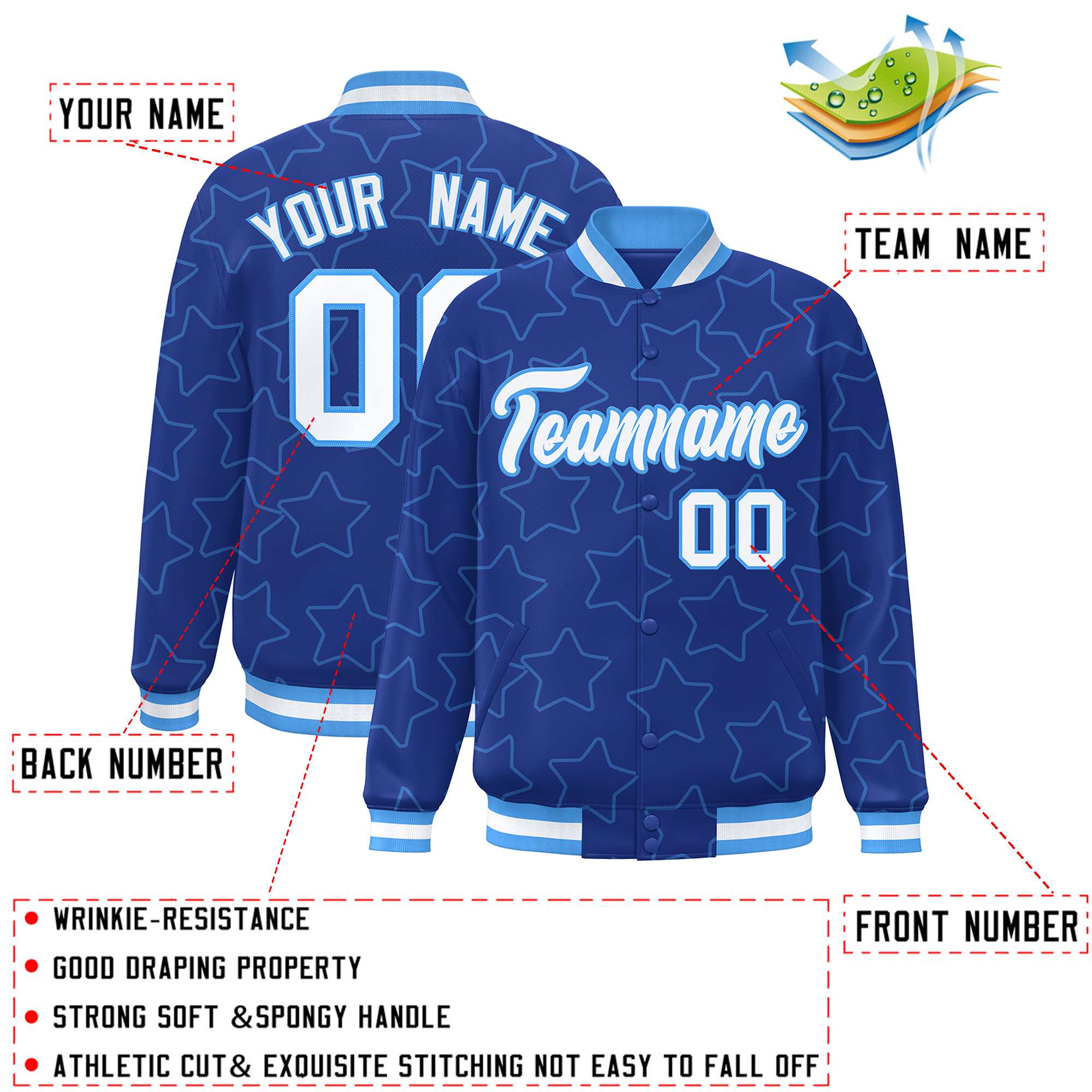 Custom Royal Powder Blue Varsity Full-Snap Star Pattern Letterman Baseball Jacket