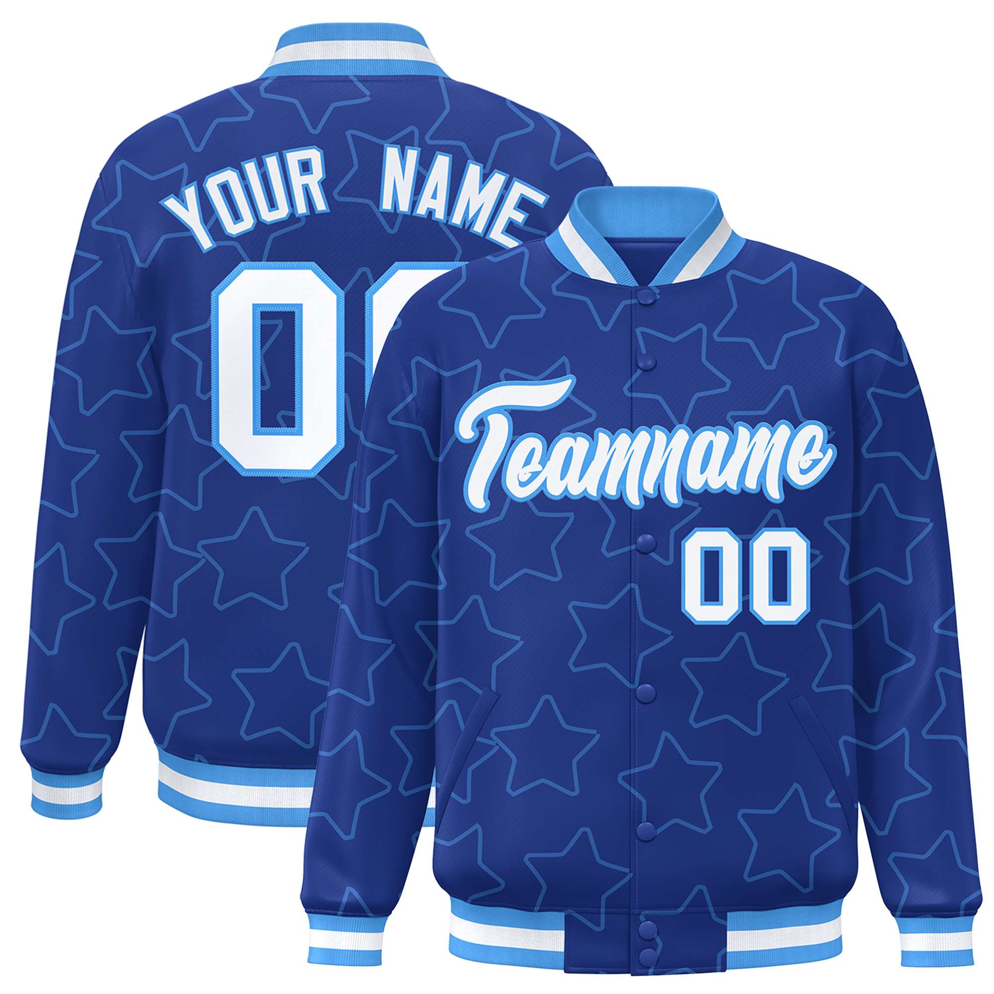 Custom Royal Powder Blue Varsity Full-Snap Star Pattern Letterman Baseball Jacket