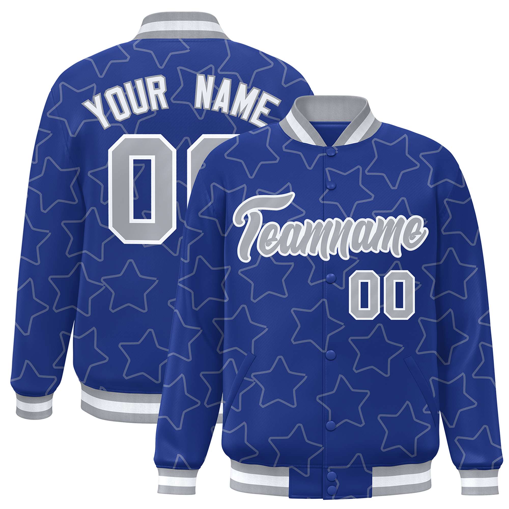 Custom Royal Gray Varsity Full-Snap Star Pattern Letterman Baseball Jacket