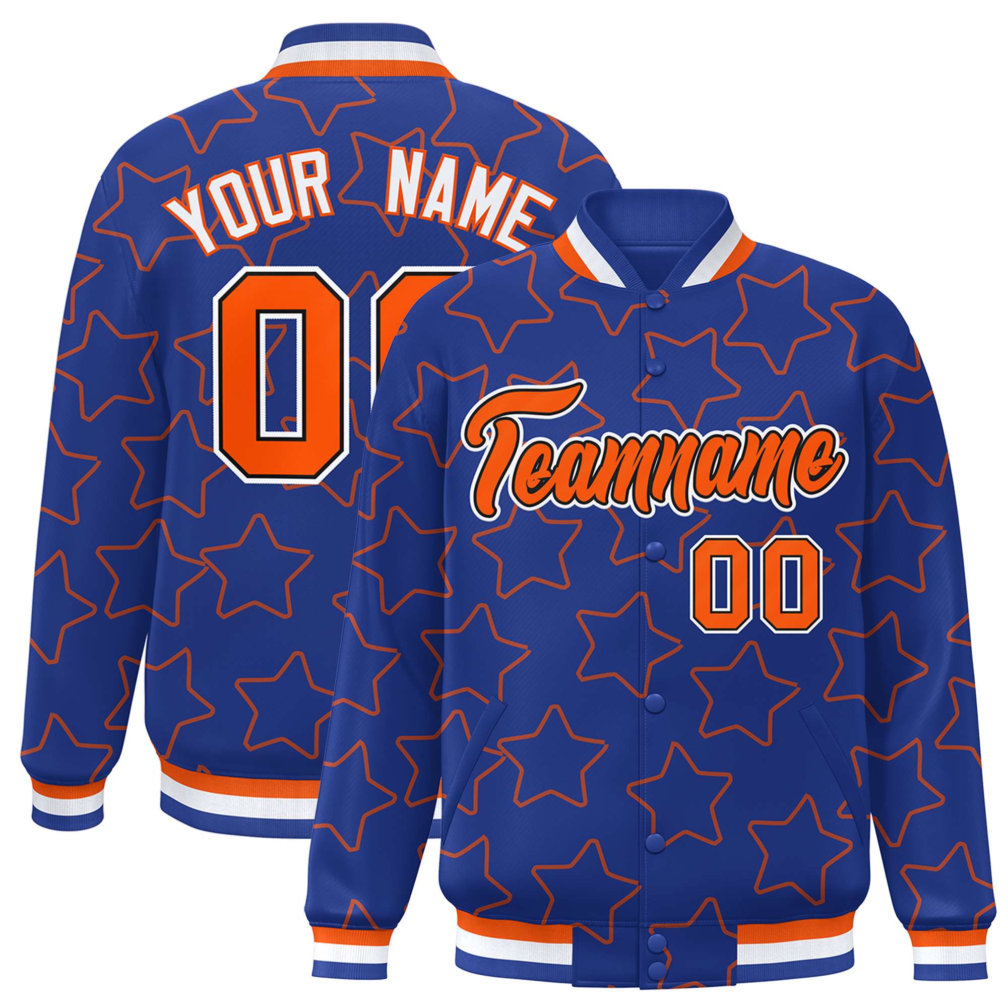 Custom Royal Orange Varsity Full-Snap Star Pattern Letterman Baseball Jacket