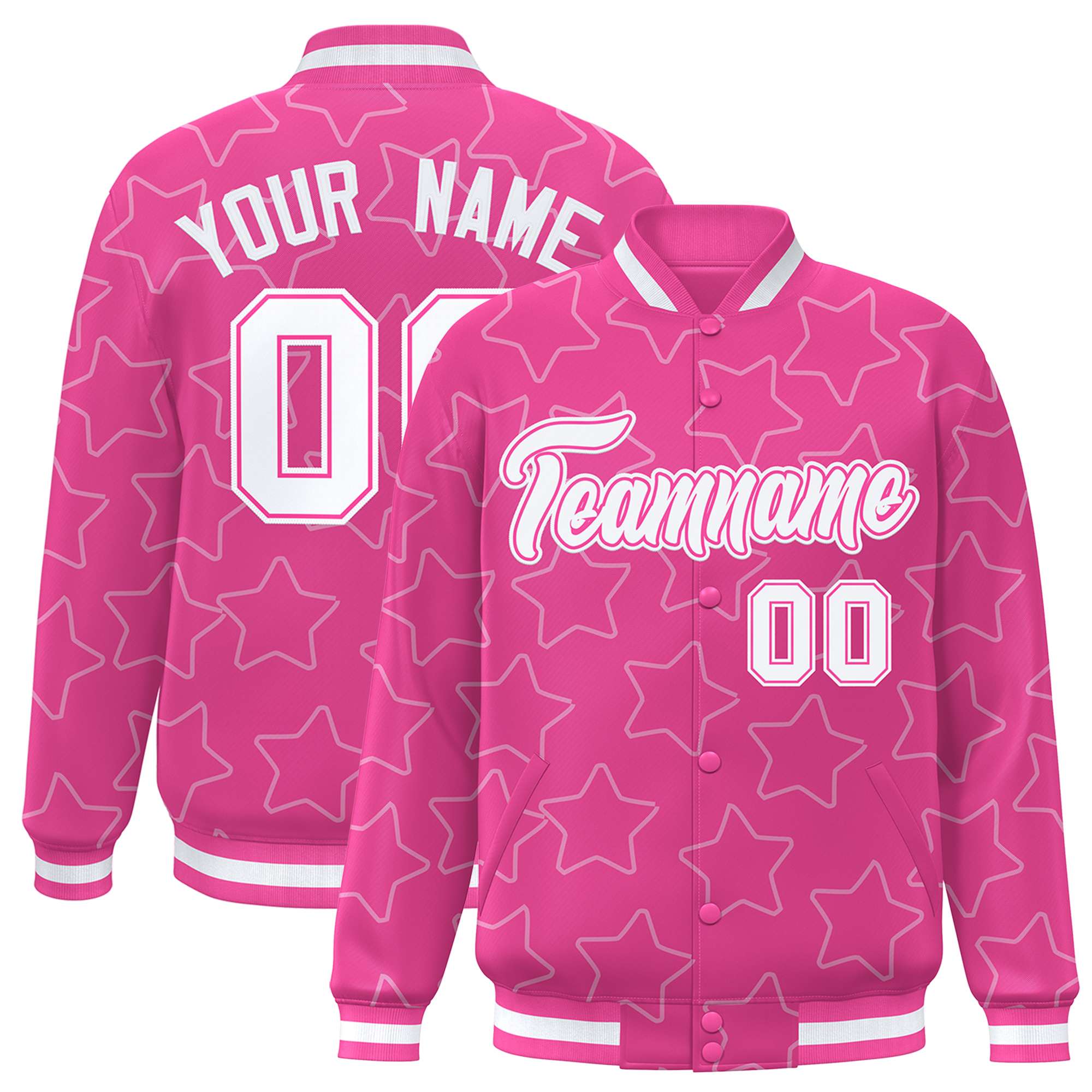 Custom Pink White Varsity Full-Snap Star Pattern Letterman Baseball Jacket