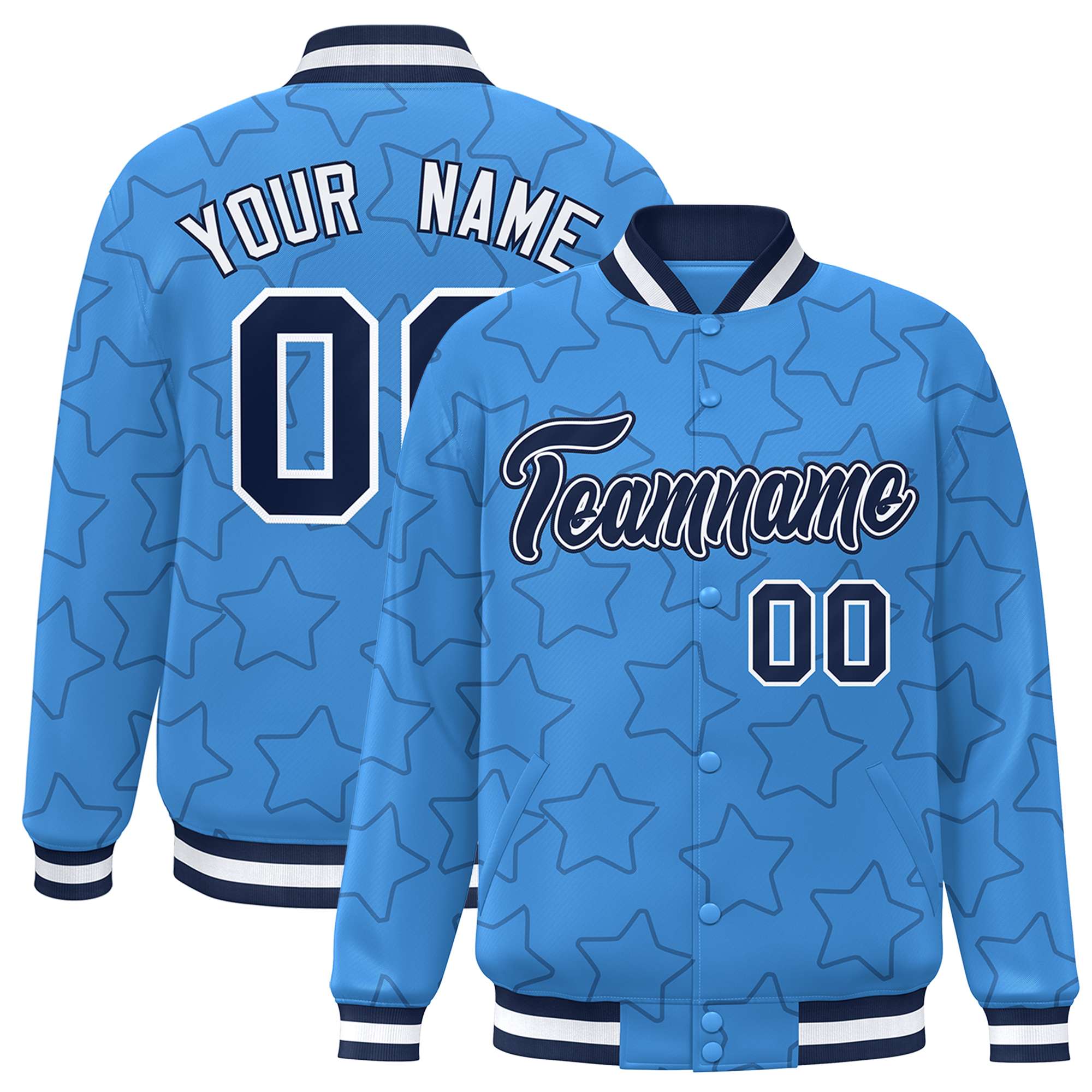 Custom Powder Blue Navy Varsity Full-Snap Star Pattern Letterman Baseball Jacket