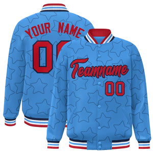 Custom Powder Blue Navy Varsity Full-Snap Star Pattern Letterman Baseball Jacket