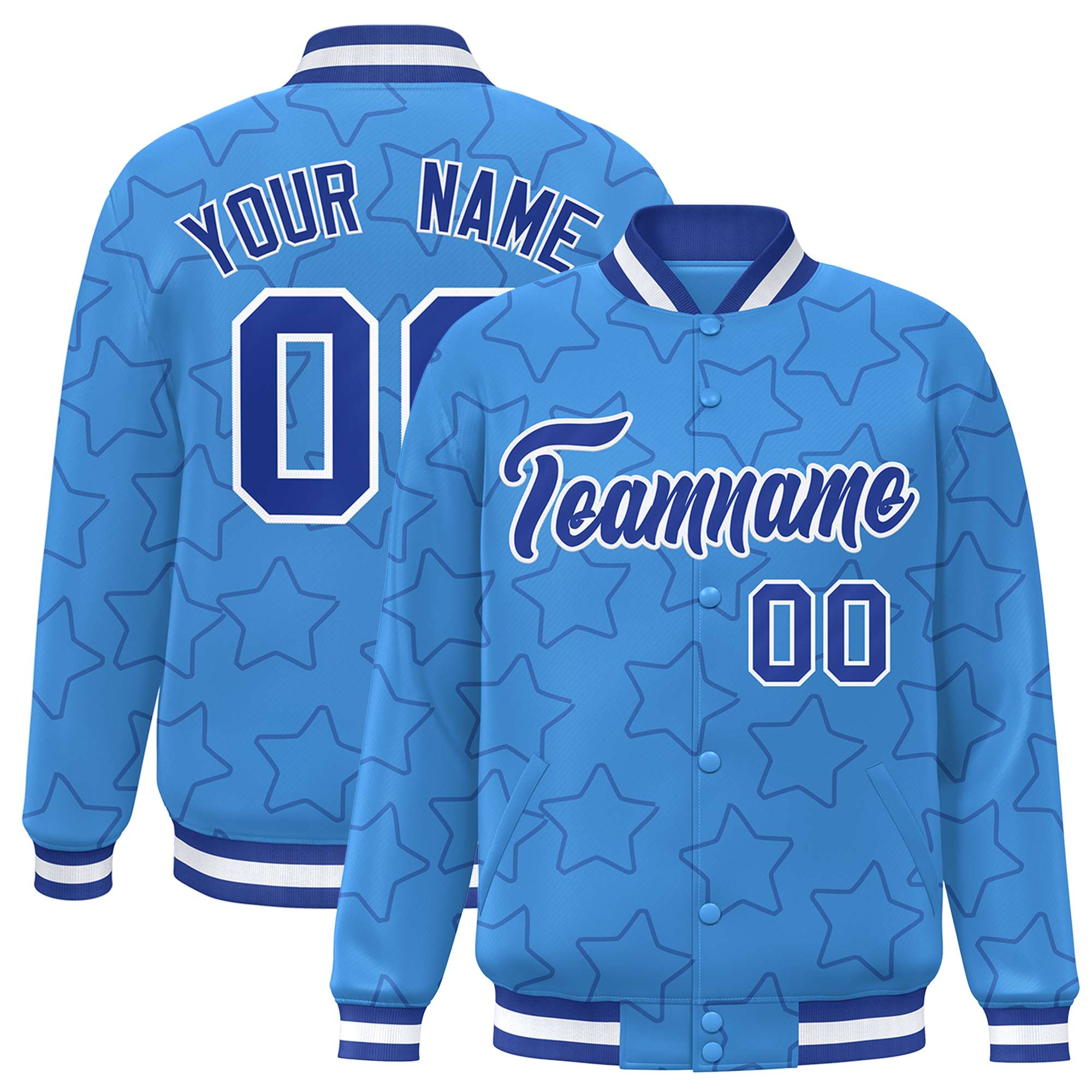 Custom Powder Blue Royal Varsity Full-Snap Star Pattern Letterman Baseball Jacket