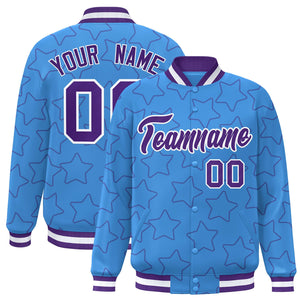 Custom Powder Blue Purple Varsity Full-Snap Star Pattern Letterman Baseball Jacket