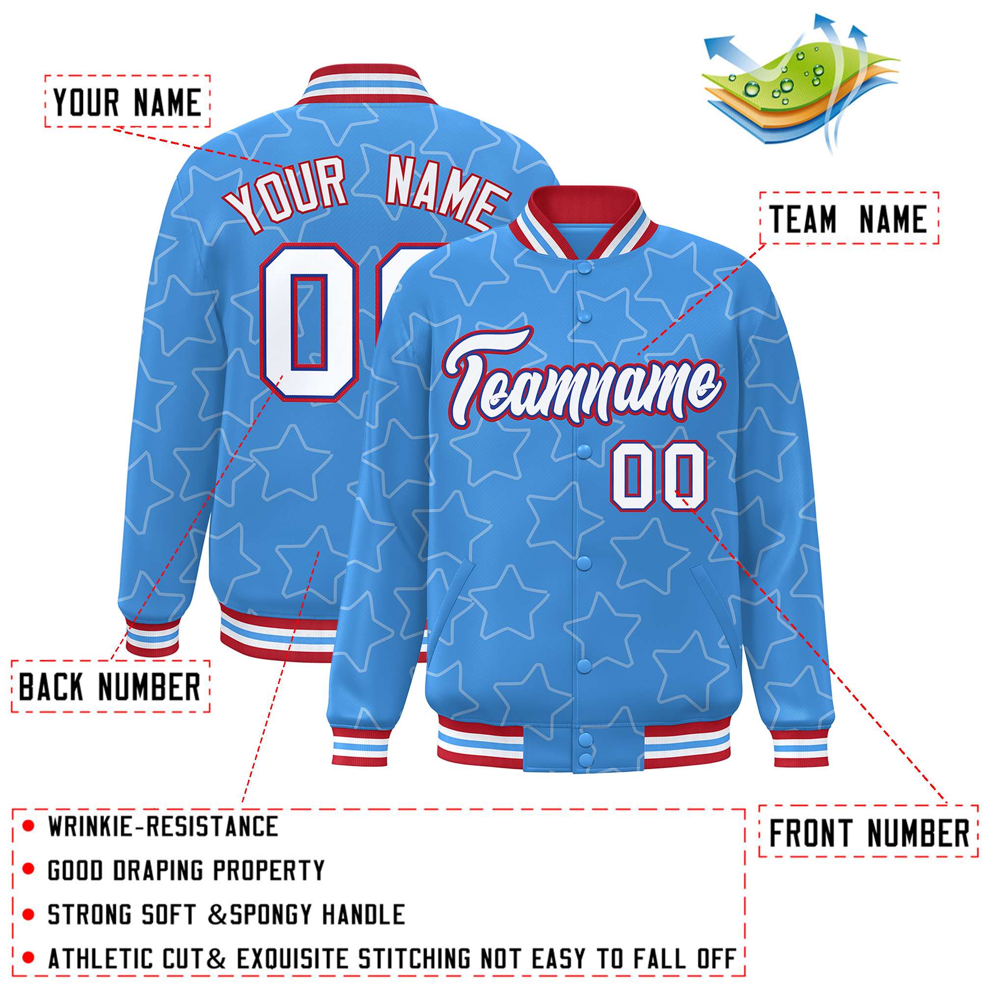 Custom Powder Blue White Varsity Full-Snap Star Pattern Letterman Baseball Jacket