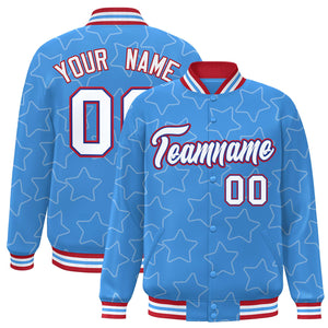 Custom Powder Blue White Varsity Full-Snap Star Pattern Letterman Baseball Jacket