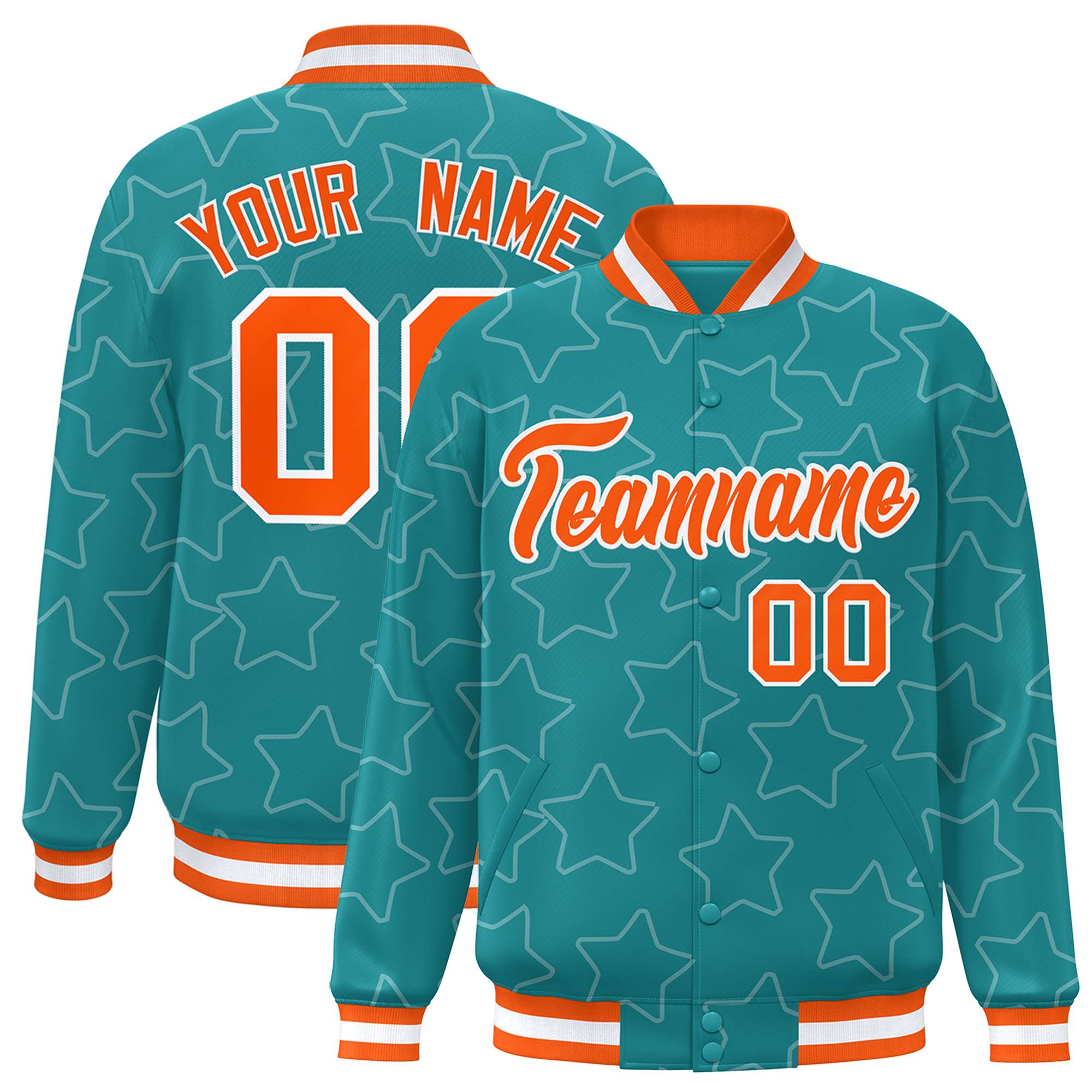 Custom Aqua White Varsity Full-Snap Star Pattern Letterman Baseball Jacket