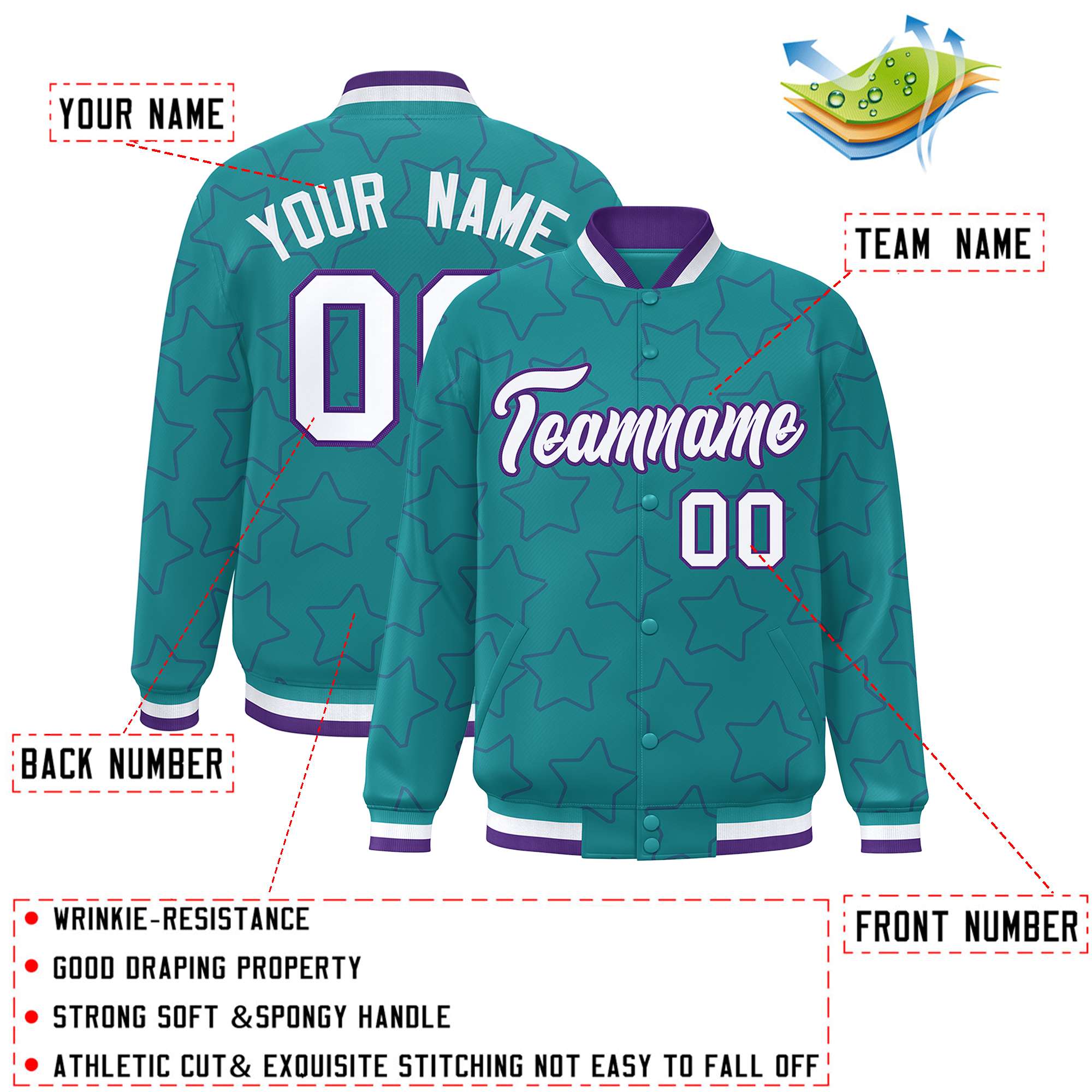 Custom Aqua Purple Varsity Full-Snap Star Pattern Letterman Baseball Jacket