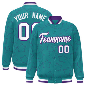 Custom Aqua Purple Varsity Full-Snap Star Pattern Letterman Baseball Jacket