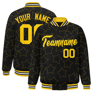 Custom Black Gold Varsity Full-Snap Star Pattern Letterman Baseball Jacket