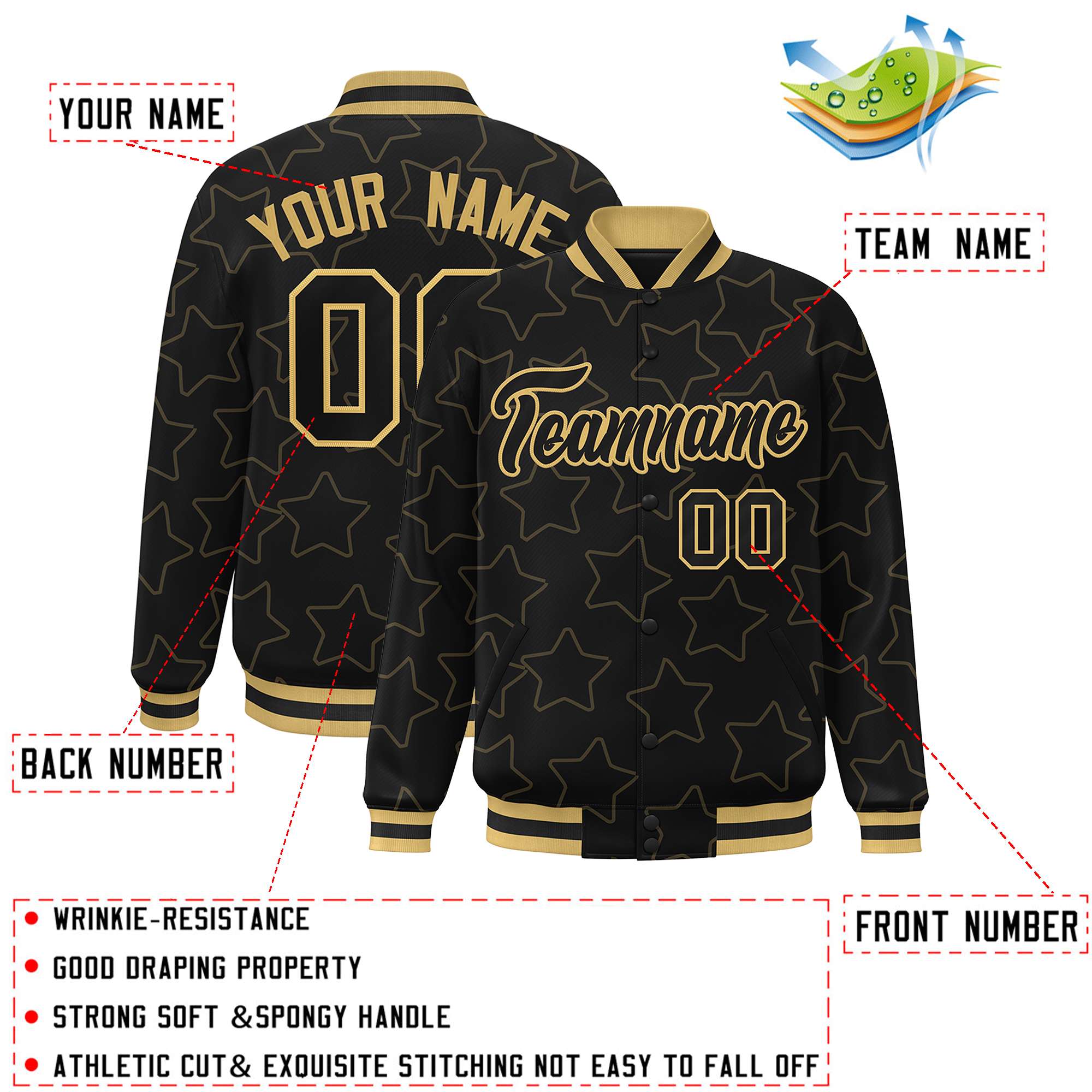 Custom Black Old Gold Varsity Full-Snap Star Pattern Letterman Baseball Jacket