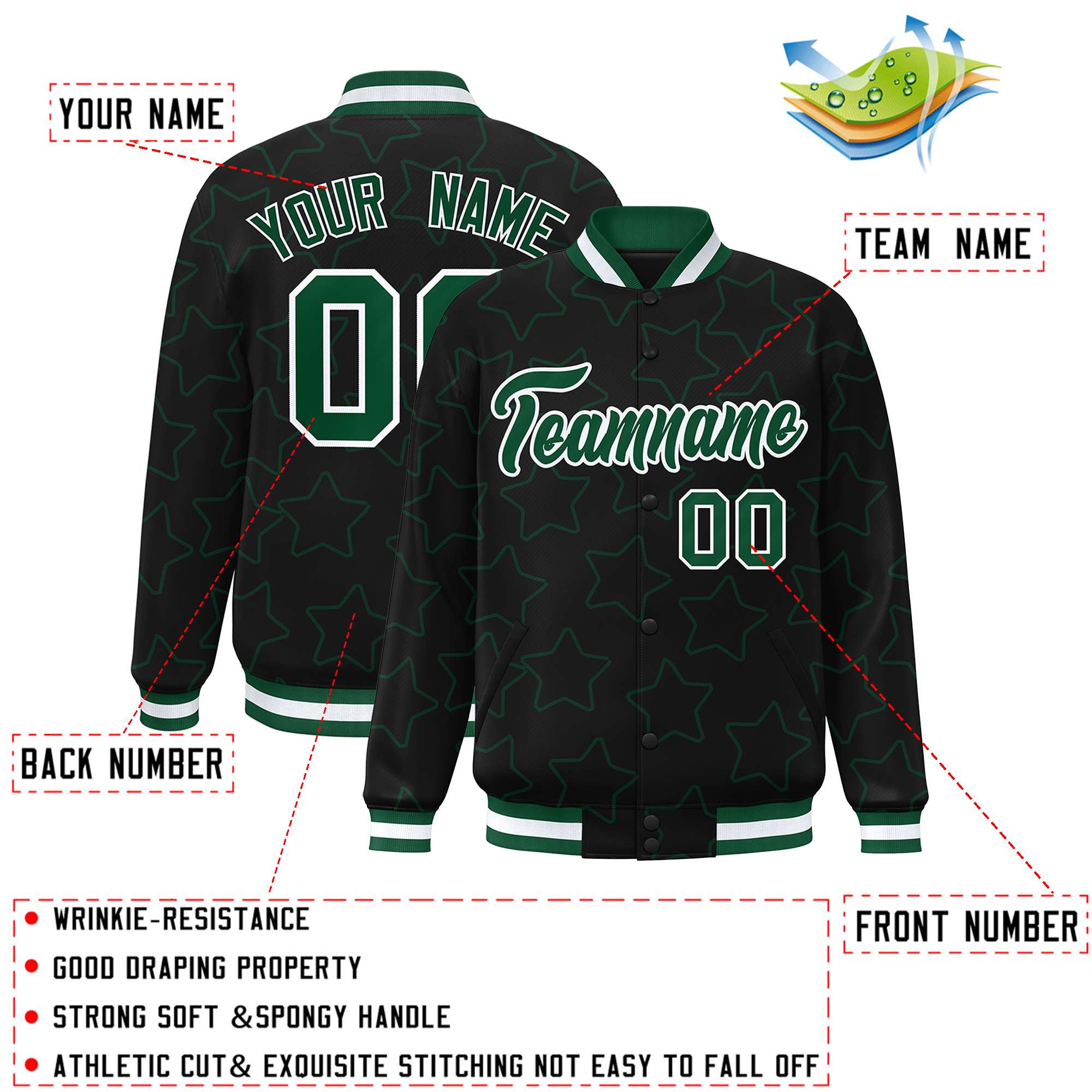 Custom Black Green Varsity Full-Snap Star Pattern Letterman Baseball Jacket