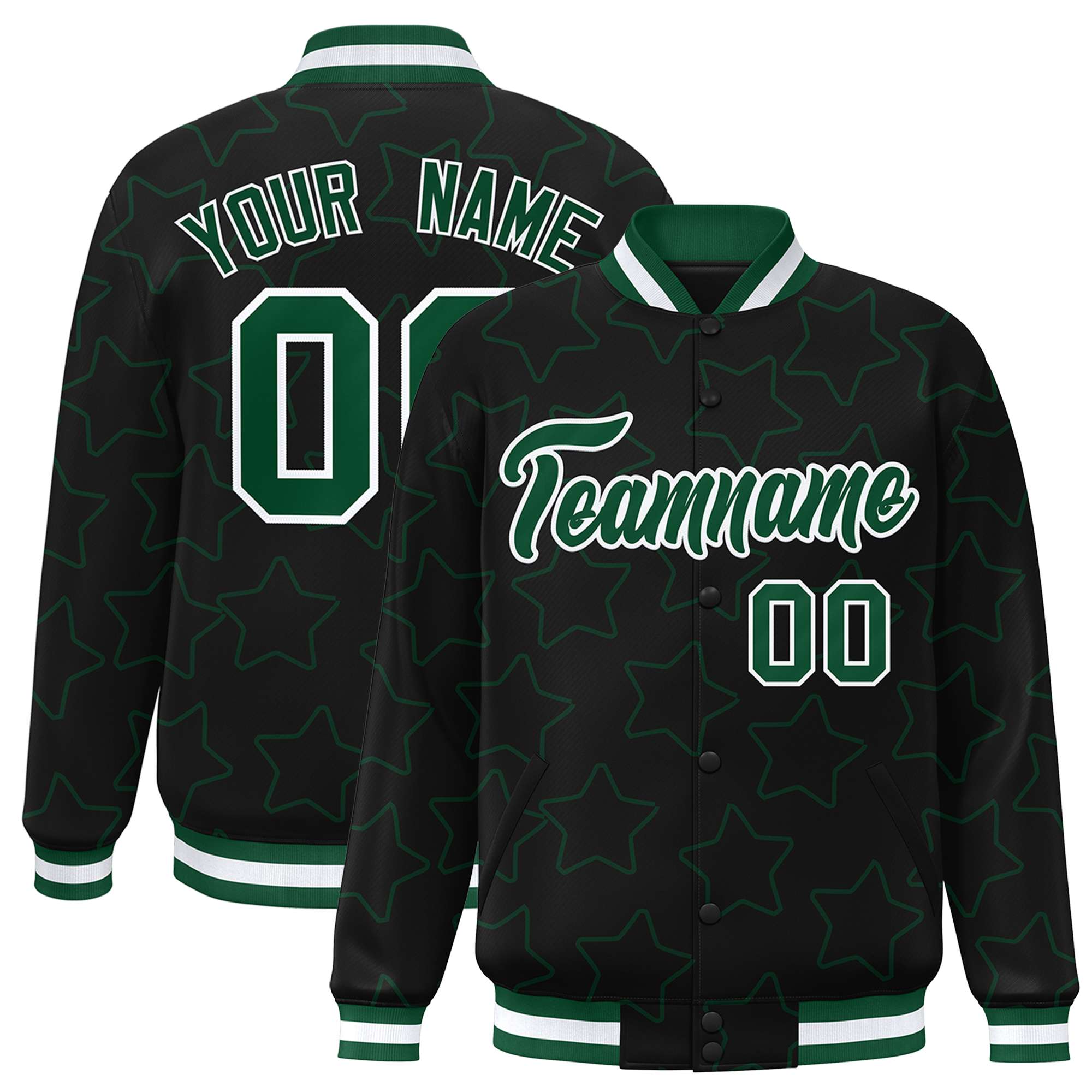 Custom Black Green Varsity Full-Snap Star Pattern Letterman Baseball Jacket