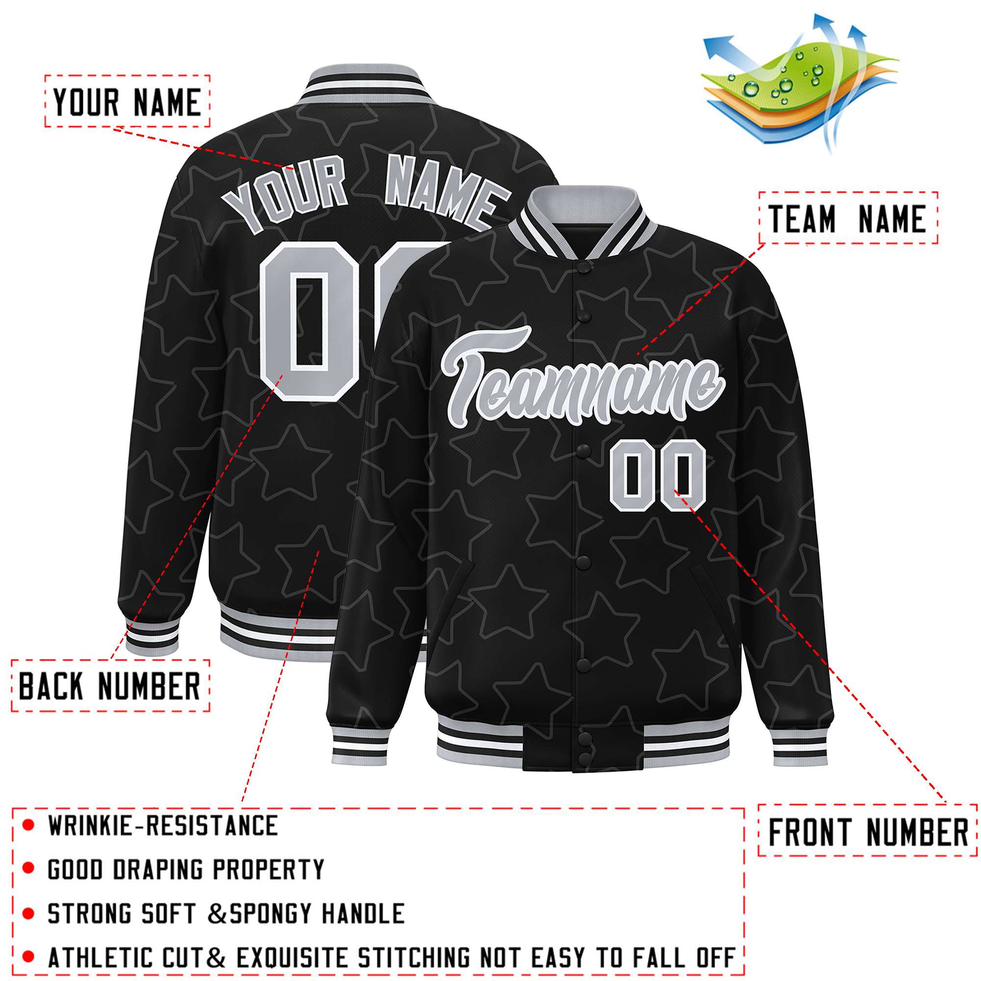 Custom Black Gray Varsity Full-Snap Star Pattern Letterman Baseball Jacket