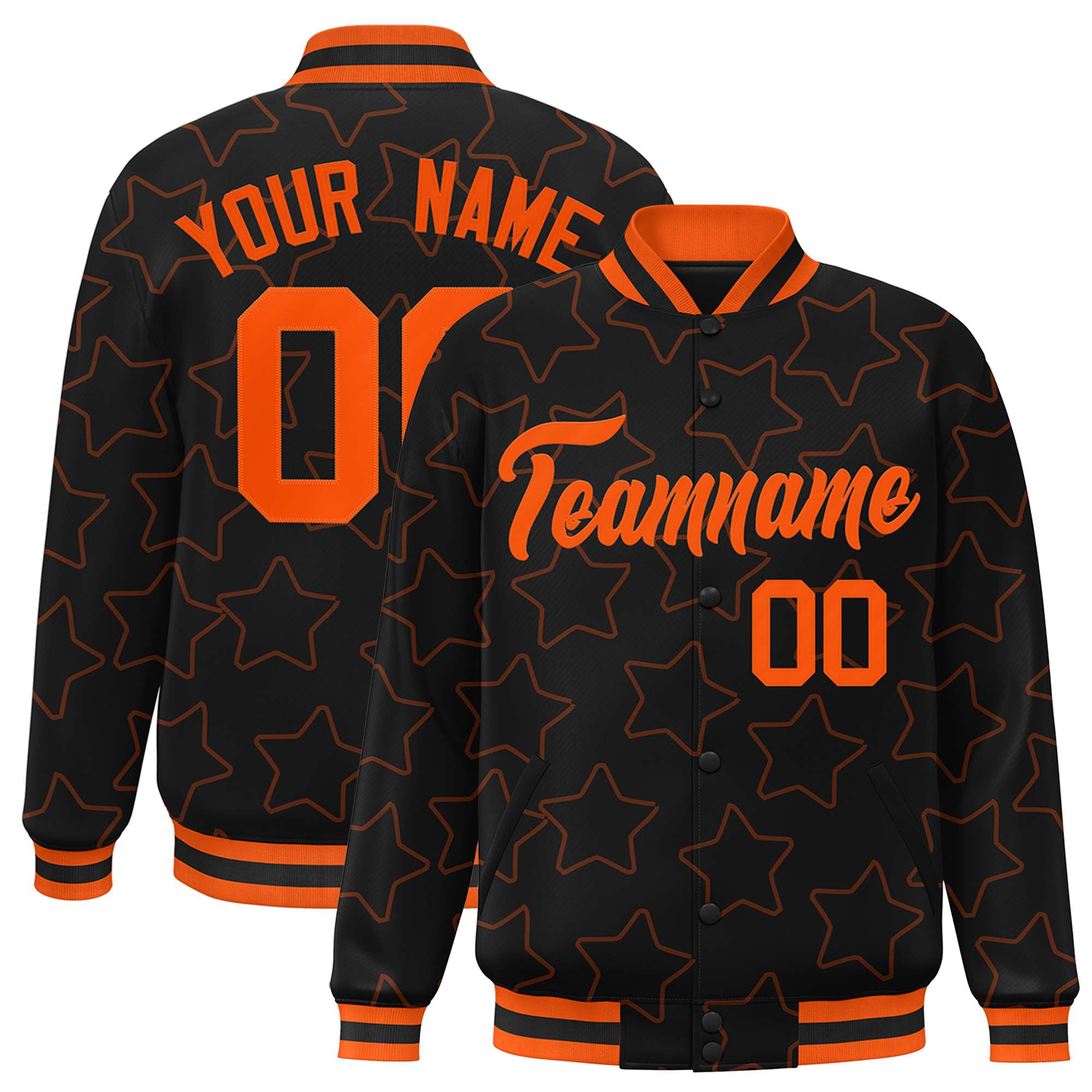 Custom Black Orange Varsity Full-Snap Star Pattern Letterman Baseball Jacket