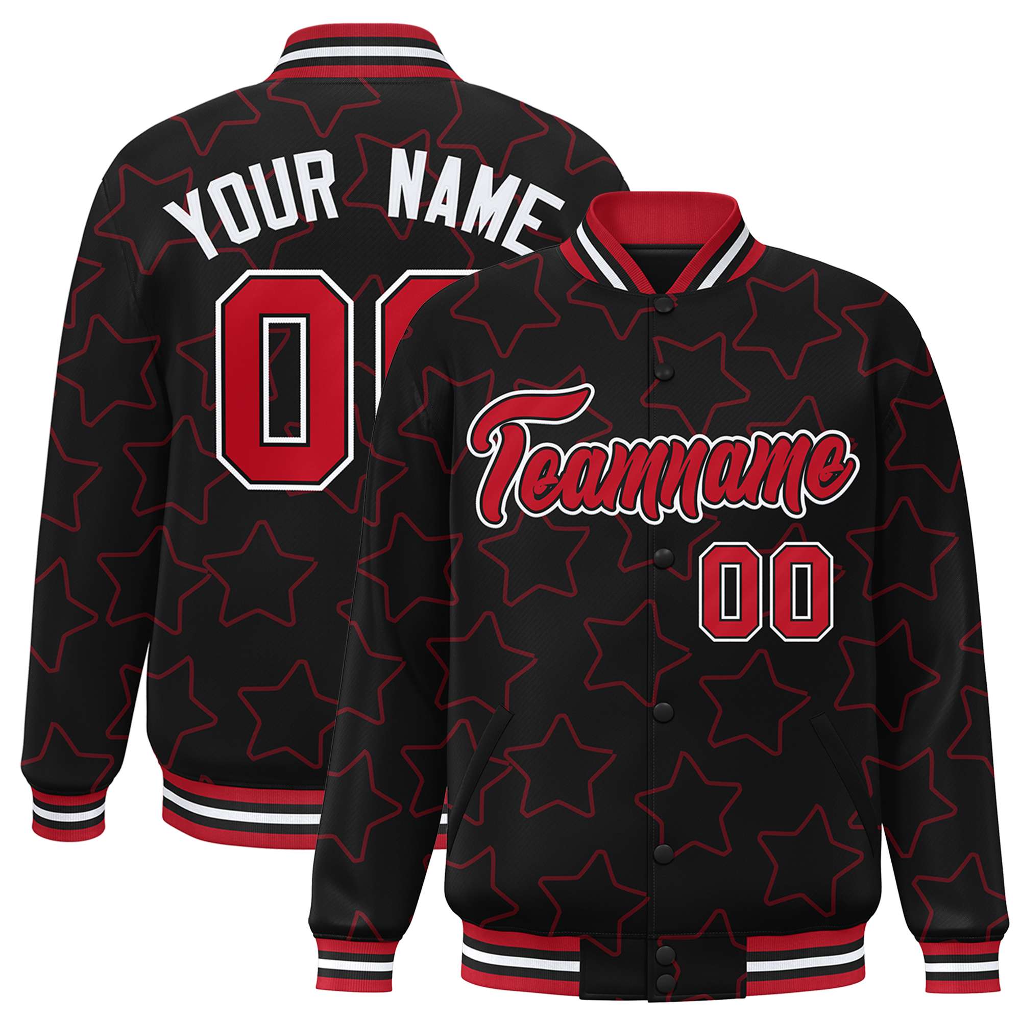 Custom Black Red Varsity Full-Snap Star Pattern Letterman Baseball Jacket