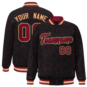 Custom Black Crimson Varsity Full-Snap Star Pattern Letterman Baseball Jacket