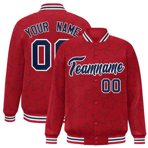 Custom Red Navy Varsity Full-Snap Star Pattern Letterman Baseball Jacket