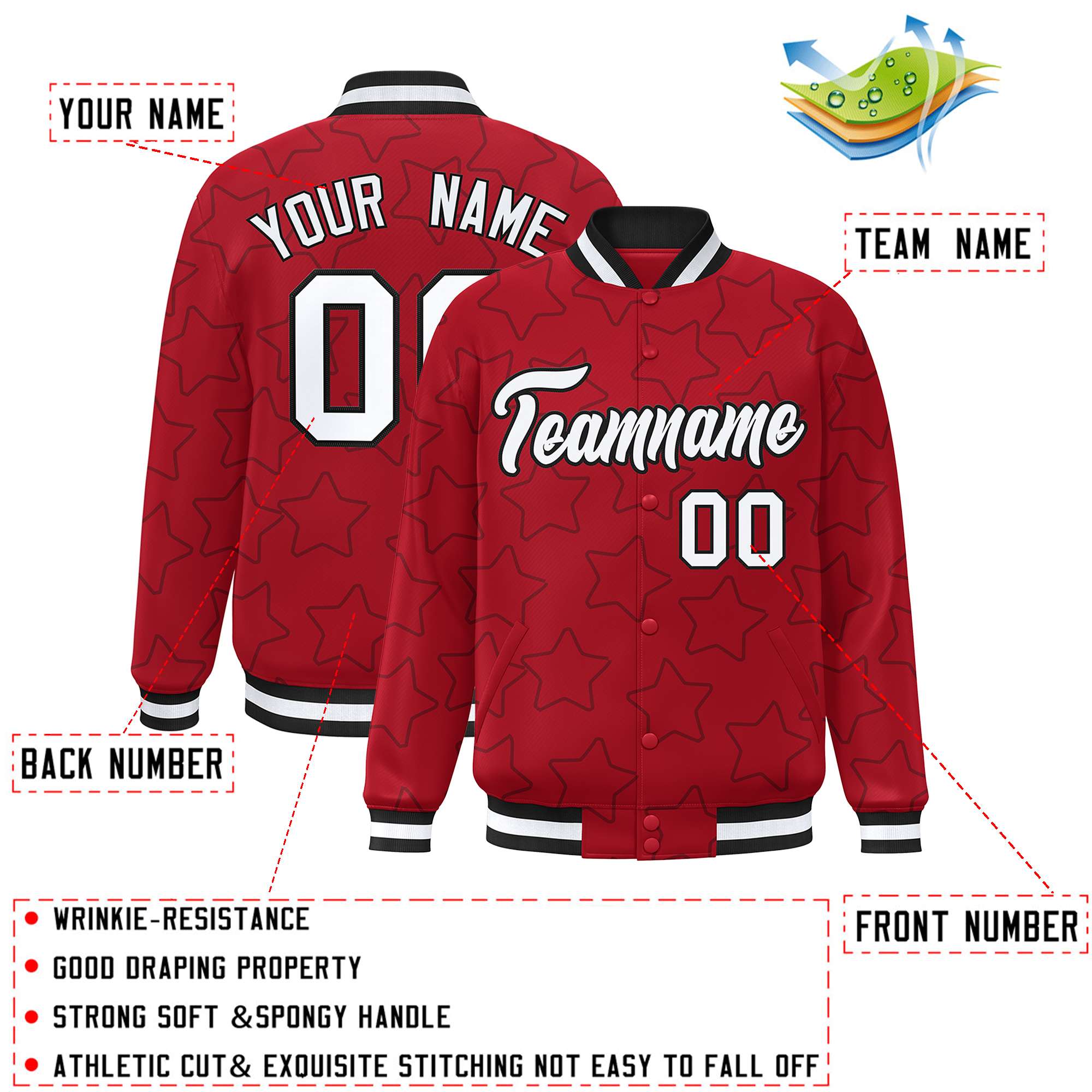 Custom Red Black Varsity Full-Snap Star Pattern Letterman Baseball Jacket