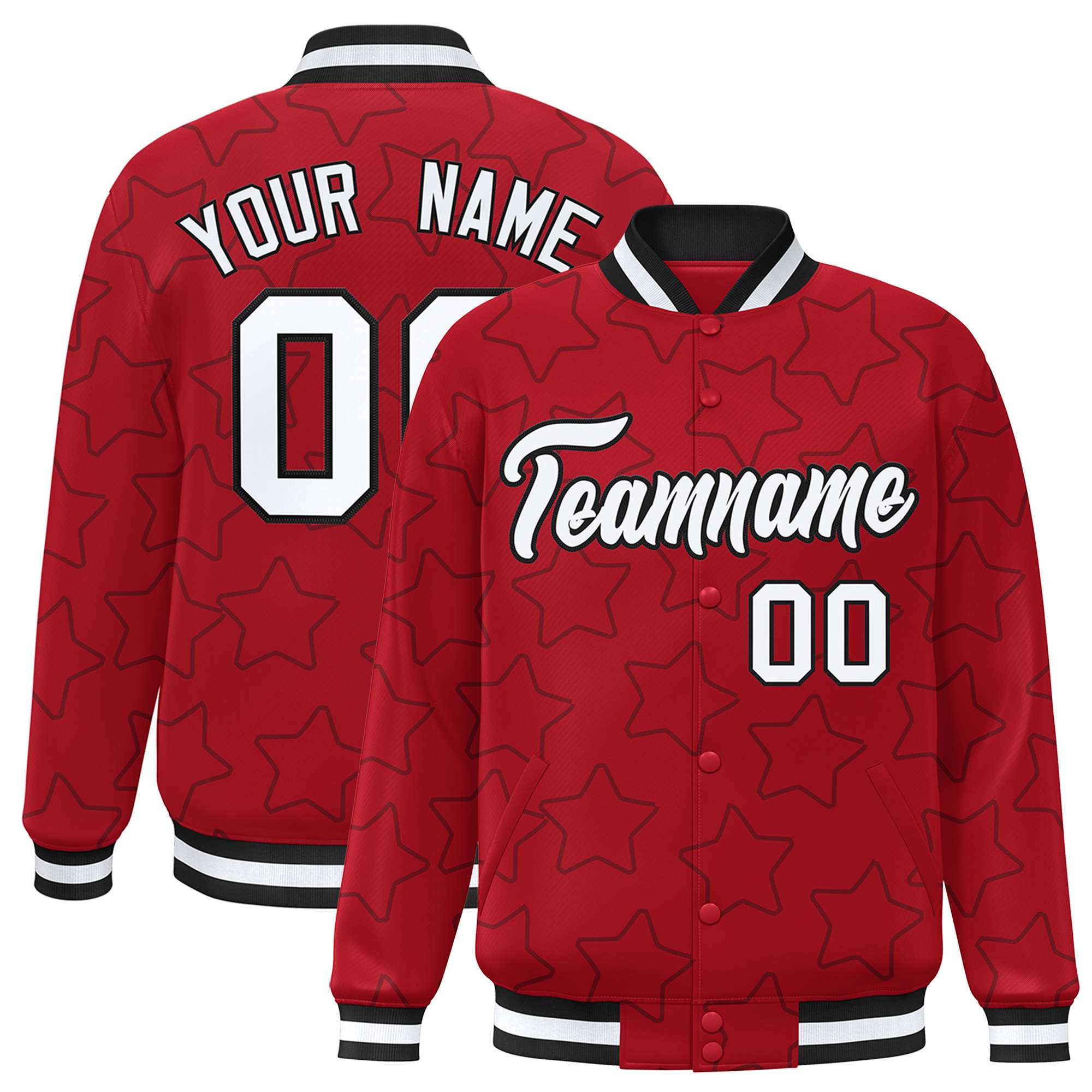 Custom Red Black Varsity Full-Snap Star Pattern Letterman Baseball Jacket