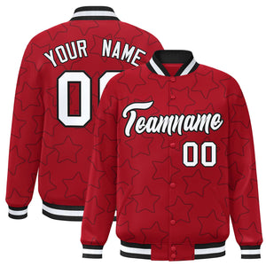 Custom Red Black Varsity Full-Snap Star Pattern Letterman Baseball Jacket